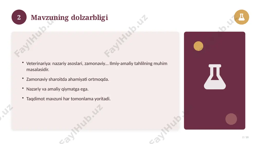 ungi kundagi ahvol. yangi yondashuvlar paydo bo'lmoqda. dolzarb tendensiyalar. amaliy qo'llanilishi kengaymoqda. 16 17 qiyosiy tahlil 17 / 20 o'xshash hodisalar bilan solishtirish. umumiy jihatlar aniqlanadi. farqli tomonlar ko'rsatiladi. xulosalar chiqariladi. 17 18 afzallik va kamchiliklar 18 / 20 afzalliklari kamchiliklari samaradorlik murakkablik qulaylik resurs talabi tejamkorlik ayrim cheklovlar 18 19 xulosa 19 / 20 veterinariya: nazariy asoslari, zamonaviy… bo'yicha asosiy jihatlar yoritildi. mavzu nazariy va amaliy ahamiyatga ega. olingan bilim amaliyotda qo'llaniladi. doimiy o'rganish tavsiya etiladi. 19 20 foydalanilgan adabiyotlar 20 / 20 1. [muallif. asar nomi. nashriyot, yil]. 2. [muallif. maqola nomi. jurnal, yil, betlar]. 3. [elektron resurs / sayt manzili]. eslatma: manbalarni o'z ishingizga moslab to'ldiring. 20 image-1-1.png image-1-2.png image-1-3.png image-1-4.png image-2-1.png image-2-2.png image-3-1.png image-3-2.png image-4-1.png image-4-2.png image-5-1.png image-5-2.png image-6-1.png image-6-2.png image-7-1.png image-7-2.png image-8-1.png image-9-1.png image-9-2.png image-10-1.png image-10-2.png image-11-1.png image-11-2.png image-12-1.png image-12-2.png image-13-1.png image-13-2.png image-14-1.png image-14-2.png image-15-1.png image-15-2.png image-16-1.png image-16-2.png image-17-1.png image-17-2.png image-18-1.png image-19-1.png image-19-2.png image-20-1.png image-20-2.png