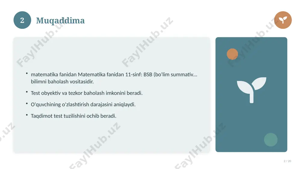 (bo'lim summativ… bilan bog'liq kalit tushunchalar. atamalarning aniq ta'rifi beriladi. to'g'ri qo'llash muhim. tushunchalar o'zaro bog'liq. 14 15 tarixiy rivoji 15 / 20 mavzu vaqt o'tishi bilan rivojlangan. asosiy bosqichlar kuzatiladi. muhim o'zgarishlar yuz bergan. hozirgi holatga ta'sir ko'rsatgan. 15 16 zamonaviy holati 16 / 20 bugungi kundagi ahvol. yangi yondashuvlar paydo bo'lmoqda. dolzarb tendensiyalar. amaliy qo'llanilishi kengaymoqda. 16 17 qiyosiy tahlil 17 / 20 o'xshash hodisalar bilan solishtirish. umumiy jihatlar aniqlanadi. farqli tomonlar ko'rsatiladi. xulosalar chiqariladi. 17 18 afzallik va kamchiliklar 18 / 20 afzalliklari kamchiliklari samaradorlik murakkablik qulaylik resurs talabi tejamkorlik ayrim cheklovlar 18 19 xulosa 19 / 20 matematika fanidan 11-sinf: bsb (bo'lim summativ… bo'yicha asosiy jihatlar yoritildi. mavzu nazariy va amaliy ahamiyatga ega. olingan bilim amaliyotda qo'llaniladi. doimiy o'rganish tavsiya etiladi. 19 20 foydalanilgan adabiyotlar 20 / 20 tegishli darslik va o'quv qo'llanmalari. ilmiy maqola va manbalar. internet va elektron resurslar. manba: soff.uz · 2026. 20 …