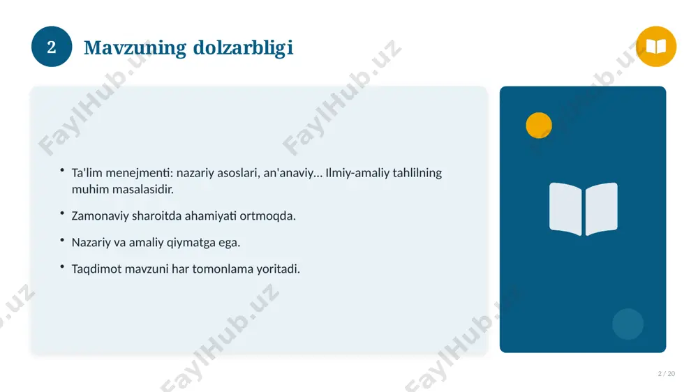 ndagi ahvol. yangi yondashuvlar paydo bo'lmoqda. dolzarb tendensiyalar. amaliy qo'llanilishi kengaymoqda. 16 17 qiyosiy tahlil 17 / 20 o'xshash hodisalar bilan solishtirish. umumiy jihatlar aniqlanadi. farqli tomonlar ko'rsatiladi. xulosalar chiqariladi. 17 18 afzallik va kamchiliklar 18 / 20 afzalliklari kamchiliklari samaradorlik murakkablik qulaylik resurs talabi tejamkorlik ayrim cheklovlar 18 19 xulosa 19 / 20 ta'lim menejmenti: nazariy asoslari, an'anaviy… bo'yicha asosiy jihatlar yoritildi. mavzu nazariy va amaliy ahamiyatga ega. olingan bilim amaliyotda qo'llaniladi. doimiy o'rganish tavsiya etiladi. 19 20 foydalanilgan adabiyotlar 20 / 20 1. [muallif. asar nomi. nashriyot, yil]. 2. [muallif. maqola nomi. jurnal, yil, betlar]. 3. [elektron resurs / sayt manzili]. eslatma: manbalarni o'z ishingizga moslab to'ldiring. 20 image-1-1.png image-1-2.png image-1-3.png image-1-4.png image-2-1.png image-2-2.png image-3-1.png image-3-2.png image-4-1.png image-4-2.png image-5-1.png image-5-2.png image-6-1.png image-6-2.png image-7-1.png image-7-2.png image-8-1.png image-9-1.png image-9-2.png image-10-1.png image-10-2.png image-11-1.png image-11-2.png image-12-1.png image-12-2.png image-13-1.png image-13-2.png image-14-1.png image-14-2.png image-15-1.png image-15-2.png image-16-1.png image-16-2.png image-17-1.png image-17-2.png image-18-1.png image-19-1.png image-19-2.png image-20-1.png image-20-2.png