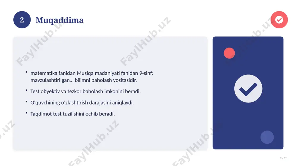 an 9-sinf: mavzulashtirilgan… bilan bog'liq kalit tushunchalar. atamalarning aniq ta'rifi beriladi. to'g'ri qo'llash muhim. tushunchalar o'zaro bog'liq. 14 15 tarixiy rivoji 15 / 20 mavzu vaqt o'tishi bilan rivojlangan. asosiy bosqichlar kuzatiladi. muhim o'zgarishlar yuz bergan. hozirgi holatga ta'sir ko'rsatgan. 15 16 zamonaviy holati 16 / 20 bugungi kundagi ahvol. yangi yondashuvlar paydo bo'lmoqda. dolzarb tendensiyalar. amaliy qo'llanilishi kengaymoqda. 16 17 qiyosiy tahlil 17 / 20 o'xshash hodisalar bilan solishtirish. umumiy jihatlar aniqlanadi. farqli tomonlar ko'rsatiladi. xulosalar chiqariladi. 17 18 afzallik va kamchiliklar 18 / 20 afzalliklari kamchiliklari samaradorlik murakkablik qulaylik resurs talabi tejamkorlik ayrim cheklovlar 18 19 xulosa 19 / 20 musiqa madaniyati fanidan 9-sinf: mavzulashtirilgan… bo'yicha asosiy jihatlar yoritildi. mavzu nazariy va amaliy ahamiyatga ega. olingan bilim amaliyotda qo'llaniladi. doimiy o'rganish tavsiya etiladi. 19 20 foydalanilgan adabiyotlar 20 / 20 tegishli darslik va o'quv qo'llanmalari. ilmiy maqola va manbalar. internet va elektron resurslar. manba: soff.uz · 2026. 20 …