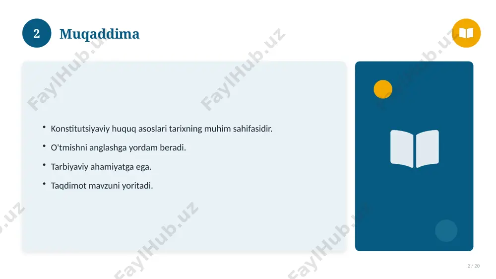qli tomonlar ko'rsatiladi. xulosalar chiqariladi. 17 18 afzallik va kamchiliklar 18 / 20 afzalliklari kamchiliklari samaradorlik murakkablik qulaylik resurs talabi tejamkorlik ayrim cheklovlar 18 19 xulosa 19 / 20 konstitutsiyaviy huquq asoslari bo'yicha asosiy jihatlar yoritildi. mavzu nazariy va amaliy ahamiyatga ega. olingan bilim amaliyotda qo'llaniladi. doimiy o'rganish tavsiya etiladi. 19 20 foydalanilgan adabiyotlar 20 / 20 tegishli darslik va o'quv qo'llanmalari. ilmiy maqola va manbalar. internet va elektron resurslar. manba: soff.uz · 2026. 20 image-1-1.png image-1-2.png image-1-3.png image-1-4.png image-2-1.png image-2-2.png image-3-1.png image-3-2.png image-4-1.png image-4-2.png image-5-1.png image-5-2.png image-6-1.png image-6-2.png image-7-1.png image-7-2.png image-8-1.png image-9-1.png image-9-2.png image-10-1.png image-10-2.png image-11-1.png image-11-2.png image-12-1.png image-12-2.png image-13-1.png image-13-2.png image-14-1.png image-14-2.png image-15-1.png image-15-2.png image-16-1.png image-16-2.png image-17-1.png image-17-2.png image-18-1.png image-19-1.png image-19-2.png image-20-1.png image-20-2.png