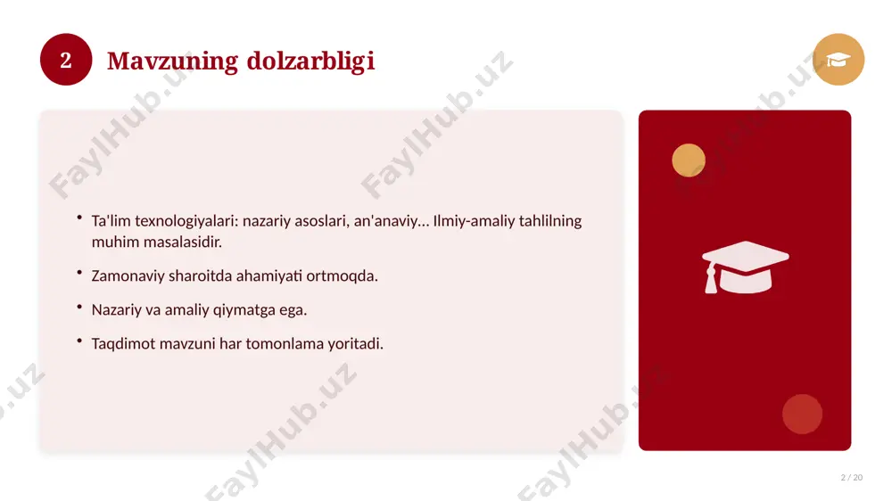 0 bugungi kundagi ahvol. yangi yondashuvlar paydo bo'lmoqda. dolzarb tendensiyalar. amaliy qo'llanilishi kengaymoqda. 16 17 qiyosiy tahlil 17 / 20 o'xshash hodisalar bilan solishtirish. umumiy jihatlar aniqlanadi. farqli tomonlar ko'rsatiladi. xulosalar chiqariladi. 17 18 afzallik va kamchiliklar 18 / 20 afzalliklari kamchiliklari samaradorlik murakkablik qulaylik resurs talabi tejamkorlik ayrim cheklovlar 18 19 xulosa 19 / 20 ta'lim texnologiyalari: nazariy asoslari, an'anaviy… bo'yicha asosiy jihatlar yoritildi. mavzu nazariy va amaliy ahamiyatga ega. olingan bilim amaliyotda qo'llaniladi. doimiy o'rganish tavsiya etiladi. 19 20 foydalanilgan adabiyotlar 20 / 20 1. [muallif. asar nomi. nashriyot, yil]. 2. [muallif. maqola nomi. jurnal, yil, betlar]. 3. [elektron resurs / sayt manzili]. eslatma: manbalarni o'z ishingizga moslab to'ldiring. 20 image-1-1.png image-1-2.png image-1-3.png image-1-4.png image-2-1.png image-2-2.png image-3-1.png image-3-2.png image-4-1.png image-4-2.png image-5-1.png image-5-2.png image-6-1.png image-6-2.png image-7-1.png image-7-2.png image-8-1.png image-9-1.png image-9-2.png image-10-1.png image-10-2.png image-11-1.png image-11-2.png image-12-1.png image-12-2.png image-13-1.png image-13-2.png image-14-1.png image-14-2.png image-15-1.png image-15-2.png image-16-1.png image-16-2.png image-17-1.png image-17-2.png image-18-1.png image-19-1.png image-19-2.png …