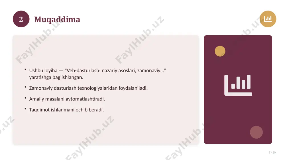 n integratsiya. 14 15 asosiy atamalar 15 / 20 veb-dasturlash: nazariy asoslari, zamonaviy… bilan bog'liq kalit tushunchalar. atamalarning aniq ta'rifi beriladi. to'g'ri qo'llash muhim. tushunchalar o'zaro bog'liq. 15 16 tarixiy rivoji 16 / 20 mavzu vaqt o'tishi bilan rivojlangan. asosiy bosqichlar kuzatiladi. muhim o'zgarishlar yuz bergan. hozirgi holatga ta'sir ko'rsatgan. 16 17 zamonaviy holati 17 / 20 bugungi kundagi ahvol. yangi yondashuvlar paydo bo'lmoqda. dolzarb tendensiyalar. amaliy qo'llanilishi kengaymoqda. 17 18 qiyosiy tahlil 18 / 20 o'xshash hodisalar bilan solishtirish. umumiy jihatlar aniqlanadi. farqli tomonlar ko'rsatiladi. xulosalar chiqariladi. 18 19 xulosa 19 / 20 veb-dasturlash: nazariy asoslari, zamonaviy… bo'yicha asosiy jihatlar yoritildi. mavzu nazariy va amaliy ahamiyatga ega. olingan bilim amaliyotda qo'llaniladi. doimiy o'rganish tavsiya etiladi. 19 20 foydalanilgan adabiyotlar 20 / 20 1. [muallif. asar nomi. nashriyot, yil]. 2. [muallif. maqola nomi. jurnal, yil, betlar]. 3. [elektron resurs / sayt manzili]. eslatma: manbalarni o'z ishingizga moslab to'ldiring. 20 image-1-1.png …