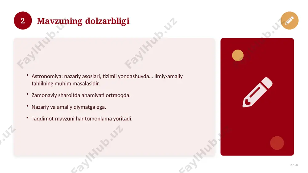 gi ahvol. yangi yondashuvlar paydo bo'lmoqda. dolzarb tendensiyalar. amaliy qo'llanilishi kengaymoqda. 16 17 qiyosiy tahlil 17 / 20 o'xshash hodisalar bilan solishtirish. umumiy jihatlar aniqlanadi. farqli tomonlar ko'rsatiladi. xulosalar chiqariladi. 17 18 afzallik va kamchiliklar 18 / 20 afzalliklari kamchiliklari samaradorlik murakkablik qulaylik resurs talabi tejamkorlik ayrim cheklovlar 18 19 xulosa 19 / 20 astronomiya: nazariy asoslari, tizimli yondashuvda… bo'yicha asosiy jihatlar yoritildi. mavzu nazariy va amaliy ahamiyatga ega. olingan bilim amaliyotda qo'llaniladi. doimiy o'rganish tavsiya etiladi. 19 20 foydalanilgan adabiyotlar 20 / 20 1. [muallif. asar nomi. nashriyot, yil]. 2. [muallif. maqola nomi. jurnal, yil, betlar]. 3. [elektron resurs / sayt manzili]. eslatma: manbalarni o'z ishingizga moslab to'ldiring. 20 image-1-1.png image-1-2.png image-1-3.png image-1-4.png image-2-1.png image-2-2.png image-3-1.png image-3-2.png image-4-1.png image-4-2.png image-5-1.png image-5-2.png image-6-1.png image-6-2.png image-7-1.png image-7-2.png image-8-1.png image-9-1.png image-9-2.png image-10-1.png image-10-2.png image-11-1.png image-11-2.png image-12-1.png image-12-2.png image-13-1.png image-13-2.png image-14-1.png image-14-2.png image-15-1.png image-15-2.png image-16-1.png image-16-2.png image-17-1.png image-17-2.png image-18-1.png image-19-1.png image-19-2.png image-20-1.png image-20-2.png