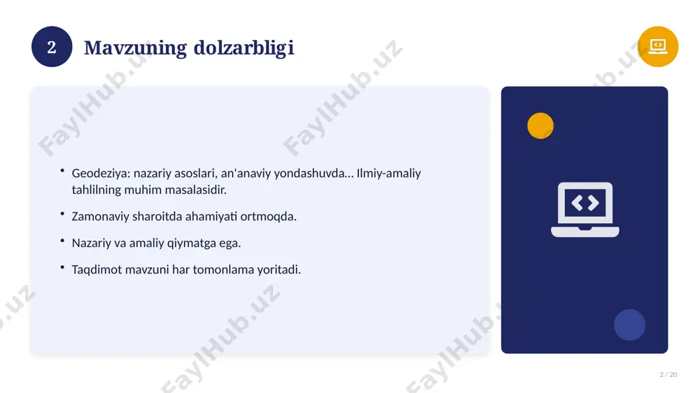 6 / 20 bugungi kundagi ahvol. yangi yondashuvlar paydo bo'lmoqda. dolzarb tendensiyalar. amaliy qo'llanilishi kengaymoqda. 16 17 qiyosiy tahlil 17 / 20 o'xshash hodisalar bilan solishtirish. umumiy jihatlar aniqlanadi. farqli tomonlar ko'rsatiladi. xulosalar chiqariladi. 17 18 afzallik va kamchiliklar 18 / 20 afzalliklari kamchiliklari samaradorlik murakkablik qulaylik resurs talabi tejamkorlik ayrim cheklovlar 18 19 xulosa 19 / 20 geodeziya: nazariy asoslari, an'anaviy yondashuvda… bo'yicha asosiy jihatlar yoritildi. mavzu nazariy va amaliy ahamiyatga ega. olingan bilim amaliyotda qo'llaniladi. doimiy o'rganish tavsiya etiladi. 19 20 foydalanilgan adabiyotlar 20 / 20 1. [muallif. asar nomi. nashriyot, yil]. 2. [muallif. maqola nomi. jurnal, yil, betlar]. 3. [elektron resurs / sayt manzili]. eslatma: manbalarni o'z ishingizga moslab to'ldiring. 20 image-1-1.png image-1-2.png image-1-3.png image-1-4.png image-2-1.png image-2-2.png image-3-1.png image-3-2.png image-4-1.png image-4-2.png image-5-1.png image-5-2.png image-6-1.png image-6-2.png image-7-1.png image-7-2.png image-8-1.png image-9-1.png image-9-2.png image-10-1.png image-10-2.png image-11-1.png image-11-2.png image-12-1.png image-12-2.png image-13-1.png image-13-2.png image-14-1.png image-14-2.png image-15-1.png image-15-2.png image-16-1.png image-16-2.png image-17-1.png image-17-2.png image-18-1.png …