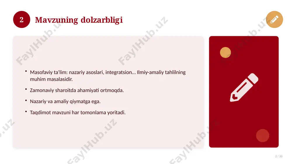 kundagi ahvol. yangi yondashuvlar paydo bo'lmoqda. dolzarb tendensiyalar. amaliy qo'llanilishi kengaymoqda. 16 17 qiyosiy tahlil 17 / 20 o'xshash hodisalar bilan solishtirish. umumiy jihatlar aniqlanadi. farqli tomonlar ko'rsatiladi. xulosalar chiqariladi. 17 18 afzallik va kamchiliklar 18 / 20 afzalliklari kamchiliklari samaradorlik murakkablik qulaylik resurs talabi tejamkorlik ayrim cheklovlar 18 19 xulosa 19 / 20 masofaviy ta'lim: nazariy asoslari, integratsion… bo'yicha asosiy jihatlar yoritildi. mavzu nazariy va amaliy ahamiyatga ega. olingan bilim amaliyotda qo'llaniladi. doimiy o'rganish tavsiya etiladi. 19 20 foydalanilgan adabiyotlar 20 / 20 1. [muallif. asar nomi. nashriyot, yil]. 2. [muallif. maqola nomi. jurnal, yil, betlar]. 3. [elektron resurs / sayt manzili]. eslatma: manbalarni o'z ishingizga moslab to'ldiring. 20 image-1-1.png image-1-2.png image-1-3.png image-1-4.png image-2-1.png image-2-2.png image-3-1.png image-3-2.png image-4-1.png image-4-2.png image-5-1.png image-5-2.png image-6-1.png image-6-2.png image-7-1.png image-7-2.png image-8-1.png image-9-1.png image-9-2.png image-10-1.png image-10-2.png image-11-1.png image-11-2.png image-12-1.png image-12-2.png image-13-1.png image-13-2.png image-14-1.png image-14-2.png image-15-1.png image-15-2.png image-16-1.png image-16-2.png image-17-1.png image-17-2.png image-18-1.png image-19-1.png image-19-2.png image-20-1.png image-20-2.png