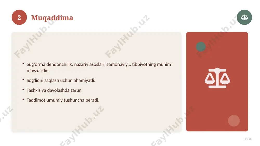 gan. 15 16 zamonaviy holati 16 / 20 bugungi kundagi ahvol. yangi yondashuvlar paydo bo'lmoqda. dolzarb tendensiyalar. amaliy qo'llanilishi kengaymoqda. 16 17 qiyosiy tahlil 17 / 20 o'xshash hodisalar bilan solishtirish. umumiy jihatlar aniqlanadi. farqli tomonlar ko'rsatiladi. xulosalar chiqariladi. 17 18 afzallik va kamchiliklar 18 / 20 afzalliklari kamchiliklari samaradorlik murakkablik qulaylik resurs talabi tejamkorlik ayrim cheklovlar 18 19 xulosa 19 / 20 sug'orma dehqonchilik: nazariy asoslari, zamonaviy… bo'yicha asosiy jihatlar yoritildi. mavzu nazariy va amaliy ahamiyatga ega. olingan bilim amaliyotda qo'llaniladi. doimiy o'rganish tavsiya etiladi. 19 20 foydalanilgan adabiyotlar 20 / 20 1. [muallif. asar nomi. nashriyot, yil]. 2. [muallif. maqola nomi. jurnal, yil, betlar]. 3. [elektron resurs / sayt manzili]. eslatma: manbalarni o'z ishingizga moslab to'ldiring. 20 image-1-1.png image-1-2.png image-1-3.png image-1-4.png image-2-1.png image-2-2.png image-3-1.png image-3-2.png image-4-1.png image-4-2.png image-5-1.png image-5-2.png image-6-1.png image-6-2.png image-7-1.png image-7-2.png image-8-1.png image-9-1.png image-9-2.png image-10-1.png image-10-2.png image-11-1.png image-11-2.png image-12-1.png image-12-2.png image-13-1.png image-13-2.png image-14-1.png image-14-2.png image-15-1.png image-15-2.png …