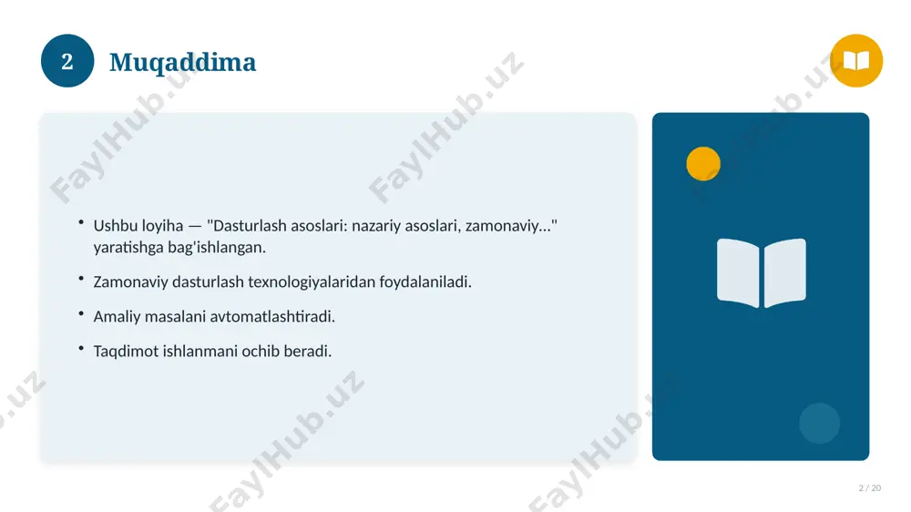 ya. 14 15 asosiy atamalar 15 / 20 dasturlash asoslari: nazariy asoslari, zamonaviy… bilan bog'liq kalit tushunchalar. atamalarning aniq ta'rifi beriladi. to'g'ri qo'llash muhim. tushunchalar o'zaro bog'liq. 15 16 tarixiy rivoji 16 / 20 mavzu vaqt o'tishi bilan rivojlangan. asosiy bosqichlar kuzatiladi. muhim o'zgarishlar yuz bergan. hozirgi holatga ta'sir ko'rsatgan. 16 17 zamonaviy holati 17 / 20 bugungi kundagi ahvol. yangi yondashuvlar paydo bo'lmoqda. dolzarb tendensiyalar. amaliy qo'llanilishi kengaymoqda. 17 18 qiyosiy tahlil 18 / 20 o'xshash hodisalar bilan solishtirish. umumiy jihatlar aniqlanadi. farqli tomonlar ko'rsatiladi. xulosalar chiqariladi. 18 19 xulosa 19 / 20 dasturlash asoslari: nazariy asoslari, zamonaviy… bo'yicha asosiy jihatlar yoritildi. mavzu nazariy va amaliy ahamiyatga ega. olingan bilim amaliyotda qo'llaniladi. doimiy o'rganish tavsiya etiladi. 19 20 foydalanilgan adabiyotlar 20 / 20 1. [muallif. asar nomi. nashriyot, yil]. 2. [muallif. maqola nomi. jurnal, yil, betlar]. 3. [elektron resurs / sayt manzili]. eslatma: manbalarni o'z ishingizga moslab to'ldiring. 20 …