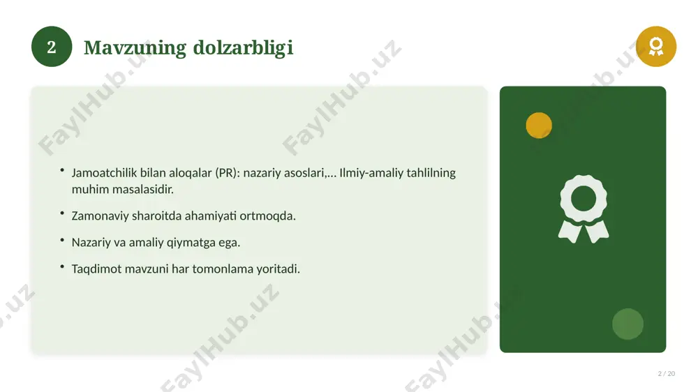 n. 15 16 zamonaviy holati 16 / 20 bugungi kundagi ahvol. yangi yondashuvlar paydo bo'lmoqda. dolzarb tendensiyalar. amaliy qo'llanilishi kengaymoqda. 16 17 qiyosiy tahlil 17 / 20 o'xshash hodisalar bilan solishtirish. umumiy jihatlar aniqlanadi. farqli tomonlar ko'rsatiladi. xulosalar chiqariladi. 17 18 afzallik va kamchiliklar 18 / 20 afzalliklari kamchiliklari samaradorlik murakkablik qulaylik resurs talabi tejamkorlik ayrim cheklovlar 18 19 xulosa 19 / 20 jamoatchilik bilan aloqalar (pr): nazariy asoslari,… bo'yicha asosiy jihatlar yoritildi. mavzu nazariy va amaliy ahamiyatga ega. olingan bilim amaliyotda qo'llaniladi. doimiy o'rganish tavsiya etiladi. 19 20 foydalanilgan adabiyotlar 20 / 20 1. [muallif. asar nomi. nashriyot, yil]. 2. [muallif. maqola nomi. jurnal, yil, betlar]. 3. [elektron resurs / sayt manzili]. eslatma: manbalarni o'z ishingizga moslab to'ldiring. 20 image-1-1.png image-1-2.png image-1-3.png image-1-4.png image-2-1.png image-2-2.png image-3-1.png image-3-2.png image-4-1.png image-4-2.png image-5-1.png image-5-2.png image-6-1.png image-6-2.png image-7-1.png image-7-2.png image-8-1.png image-9-1.png image-9-2.png image-10-1.png image-10-2.png image-11-1.png image-11-2.png image-12-1.png image-12-2.png image-13-1.png image-13-2.png image-14-1.png image-14-2.png image-15-1.png …