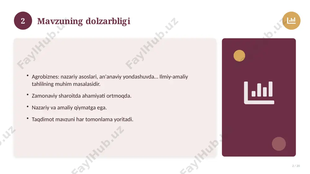 holati 16 / 20 bugungi kundagi ahvol. yangi yondashuvlar paydo bo'lmoqda. dolzarb tendensiyalar. amaliy qo'llanilishi kengaymoqda. 16 17 qiyosiy tahlil 17 / 20 o'xshash hodisalar bilan solishtirish. umumiy jihatlar aniqlanadi. farqli tomonlar ko'rsatiladi. xulosalar chiqariladi. 17 18 afzallik va kamchiliklar 18 / 20 afzalliklari kamchiliklari samaradorlik murakkablik qulaylik resurs talabi tejamkorlik ayrim cheklovlar 18 19 xulosa 19 / 20 agrobiznes: nazariy asoslari, an'anaviy yondashuvda… bo'yicha asosiy jihatlar yoritildi. mavzu nazariy va amaliy ahamiyatga ega. olingan bilim amaliyotda qo'llaniladi. doimiy o'rganish tavsiya etiladi. 19 20 foydalanilgan adabiyotlar 20 / 20 1. [muallif. asar nomi. nashriyot, yil]. 2. [muallif. maqola nomi. jurnal, yil, betlar]. 3. [elektron resurs / sayt manzili]. eslatma: manbalarni o'z ishingizga moslab to'ldiring. 20 image-1-1.png image-1-2.png image-1-3.png image-1-4.png image-2-1.png image-2-2.png image-3-1.png image-3-2.png image-4-1.png image-4-2.png image-5-1.png image-5-2.png image-6-1.png image-6-2.png image-7-1.png image-7-2.png image-8-1.png image-9-1.png image-9-2.png image-10-1.png image-10-2.png image-11-1.png image-11-2.png image-12-1.png image-12-2.png image-13-1.png image-13-2.png image-14-1.png image-14-2.png image-15-1.png image-15-2.png image-16-1.png image-16-2.png image-17-1.png image-17-2.png …