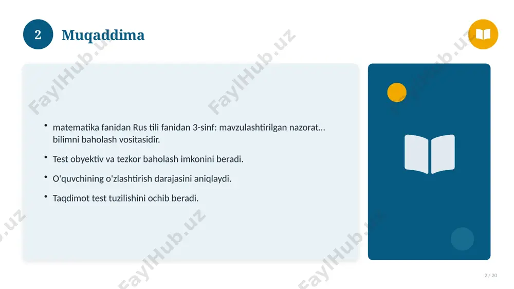: mavzulashtirilgan nazorat… bilan bog'liq kalit tushunchalar. atamalarning aniq ta'rifi beriladi. to'g'ri qo'llash muhim. tushunchalar o'zaro bog'liq. 14 15 tarixiy rivoji 15 / 20 mavzu vaqt o'tishi bilan rivojlangan. asosiy bosqichlar kuzatiladi. muhim o'zgarishlar yuz bergan. hozirgi holatga ta'sir ko'rsatgan. 15 16 zamonaviy holati 16 / 20 bugungi kundagi ahvol. yangi yondashuvlar paydo bo'lmoqda. dolzarb tendensiyalar. amaliy qo'llanilishi kengaymoqda. 16 17 qiyosiy tahlil 17 / 20 o'xshash hodisalar bilan solishtirish. umumiy jihatlar aniqlanadi. farqli tomonlar ko'rsatiladi. xulosalar chiqariladi. 17 18 afzallik va kamchiliklar 18 / 20 afzalliklari kamchiliklari samaradorlik murakkablik qulaylik resurs talabi tejamkorlik ayrim cheklovlar 18 19 xulosa 19 / 20 rus tili fanidan 3-sinf: mavzulashtirilgan nazorat… bo'yicha asosiy jihatlar yoritildi. mavzu nazariy va amaliy ahamiyatga ega. olingan bilim amaliyotda qo'llaniladi. doimiy o'rganish tavsiya etiladi. 19 20 foydalanilgan adabiyotlar 20 / 20 tegishli darslik va o'quv qo'llanmalari. ilmiy maqola va manbalar. internet va elektron resurslar. manba: soff.uz · 2026. …