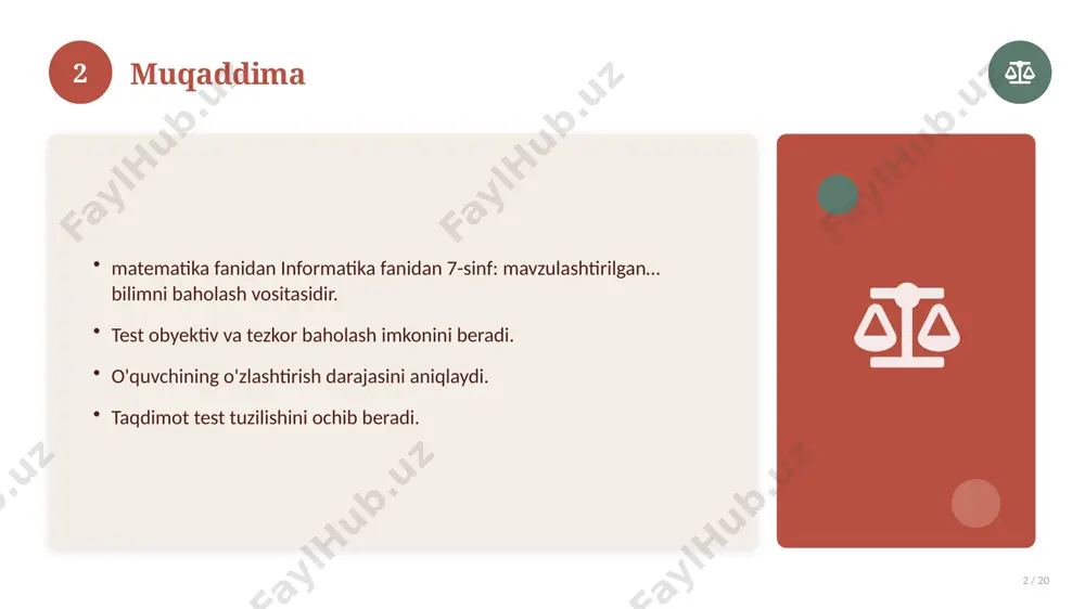shtirilgan… bilan bog'liq kalit tushunchalar. atamalarning aniq ta'rifi beriladi. to'g'ri qo'llash muhim. tushunchalar o'zaro bog'liq. 14 15 tarixiy rivoji 15 / 20 mavzu vaqt o'tishi bilan rivojlangan. asosiy bosqichlar kuzatiladi. muhim o'zgarishlar yuz bergan. hozirgi holatga ta'sir ko'rsatgan. 15 16 zamonaviy holati 16 / 20 bugungi kundagi ahvol. yangi yondashuvlar paydo bo'lmoqda. dolzarb tendensiyalar. amaliy qo'llanilishi kengaymoqda. 16 17 qiyosiy tahlil 17 / 20 o'xshash hodisalar bilan solishtirish. umumiy jihatlar aniqlanadi. farqli tomonlar ko'rsatiladi. xulosalar chiqariladi. 17 18 afzallik va kamchiliklar 18 / 20 afzalliklari kamchiliklari samaradorlik murakkablik qulaylik resurs talabi tejamkorlik ayrim cheklovlar 18 19 xulosa 19 / 20 informatika fanidan 7-sinf: mavzulashtirilgan… bo'yicha asosiy jihatlar yoritildi. mavzu nazariy va amaliy ahamiyatga ega. olingan bilim amaliyotda qo'llaniladi. doimiy o'rganish tavsiya etiladi. 19 20 foydalanilgan adabiyotlar 20 / 20 tegishli darslik va o'quv qo'llanmalari. ilmiy maqola va manbalar. internet va elektron resurslar. manba: soff.uz · 2026. 20 image-1-1.png image-1-2.png image-1-3.png …