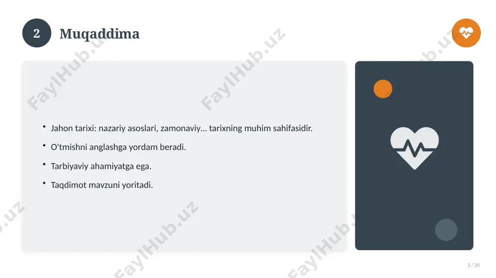 17 / 20 o'xshash hodisalar bilan solishtirish. umumiy jihatlar aniqlanadi. farqli tomonlar ko'rsatiladi. xulosalar chiqariladi. 17 18 afzallik va kamchiliklar 18 / 20 afzalliklari kamchiliklari samaradorlik murakkablik qulaylik resurs talabi tejamkorlik ayrim cheklovlar 18 19 xulosa 19 / 20 jahon tarixi: nazariy asoslari, zamonaviy… bo'yicha asosiy jihatlar yoritildi. mavzu nazariy va amaliy ahamiyatga ega. olingan bilim amaliyotda qo'llaniladi. doimiy o'rganish tavsiya etiladi. 19 20 foydalanilgan adabiyotlar 20 / 20 1. [muallif. asar nomi. nashriyot, yil]. 2. [muallif. maqola nomi. jurnal, yil, betlar]. 3. [elektron resurs / sayt manzili]. eslatma: manbalarni o'z ishingizga moslab to'ldiring. 20 image-1-1.png image-1-2.png image-1-3.png image-1-4.png image-2-1.png image-2-2.png image-3-1.png image-3-2.png image-4-1.png image-4-2.png image-5-1.png image-5-2.png image-6-1.png image-6-2.png image-7-1.png image-7-2.png image-8-1.png image-9-1.png image-9-2.png image-10-1.png image-10-2.png image-11-1.png image-11-2.png image-12-1.png image-12-2.png image-13-1.png image-13-2.png image-14-1.png image-14-2.png image-15-1.png image-15-2.png image-16-1.png image-16-2.png image-17-1.png image-17-2.png image-18-1.png image-19-1.png image-19-2.png image-20-1.png image-20-2.png