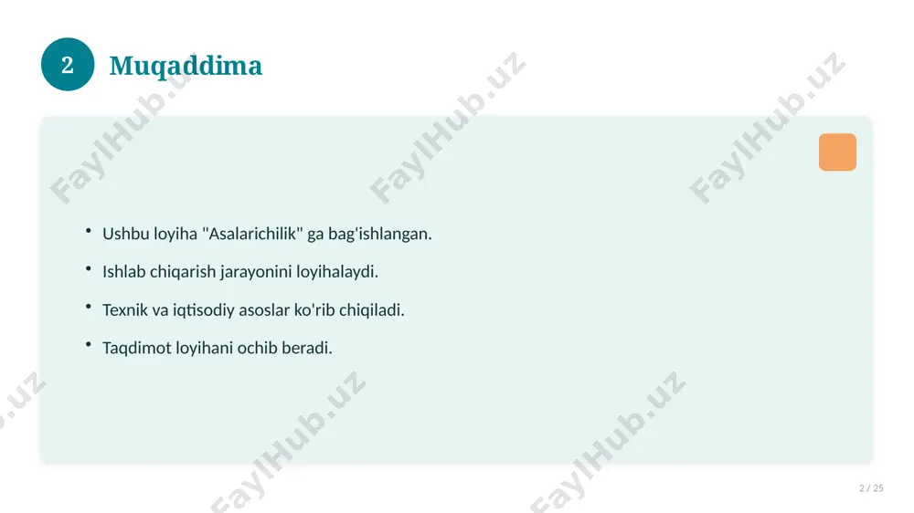 5 tizimli yondashing. ishonchli manbalardan foydalaning. bilimni amaliyotda qo'llang. natijani muntazam baholang. 18 19 tez-tez so'raladigan savollar 19 / 25 asosiy tushuncha nima? u qanday qo'llaniladi? qanday afzalliklari bor? javoblar qisqa va aniq. 19 20 eng yaxshi amaliyotlar 20 / 25 sinovdan o'tgan usullar. samarali yondashuvlar. tajriba almashish. doimiy takomillashtirish. 20 21 muammolar va yechimlar 21 / 25 mavjud muammolar. ularning sabablari. yechim yo'llari. amaliy tavsiyalar. 21 22 asosiy ko'rsatkichlar 22 / 25 ko'rsatkich holati birinchi mezon yaxshi ikkinchi mezon o'rta uchinchi mezon yuqori 22 23 amaliy misol 23 / 25 real hayotdan misol keltiriladi. bosqichlar bilan ko'rsatiladi. natija tahlil qilinadi. amaliy xulosa chiqariladi. 23 24 xulosa 24 / 25 asalarichilik bo'yicha asosiy jihatlar yoritildi. mavzu nazariy va amaliy ahamiyatga ega. olingan bilim amaliyotda qo'llaniladi. doimiy o'rganish tavsiya etiladi. 24 25 foydalanilgan adabiyotlar 25 / 25 tegishli darslik va o'quv qo'llanmalari. ilmiy maqola va manbalar. internet va elektron resurslar. manba: …