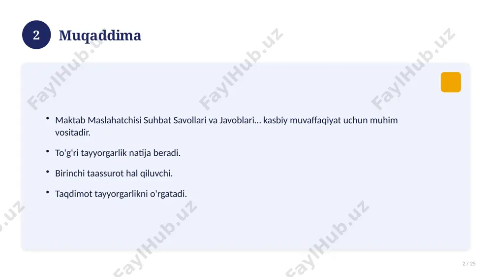 n. hozirgi holatga ta'sir ko'rsatgan. 15 16 zamonaviy holati 16 / 25 bugungi kundagi ahvol. yangi yondashuvlar paydo bo'lmoqda. dolzarb tendensiyalar. amaliy qo'llanilishi kengaymoqda. 16 17 qiyosiy tahlil 17 / 25 o'xshash hodisalar bilan solishtirish. umumiy jihatlar aniqlanadi. farqli tomonlar ko'rsatiladi. xulosalar chiqariladi. 17 18 afzallik va kamchiliklar 18 / 25 afzalliklari kamchiliklari samaradorlik murakkablik qulaylik resurs talabi tejamkorlik ayrim cheklovlar 18 19 bosqichma-bosqich yondashuv 19 / 25 1-bosqich: tayyorgarlik. 2-bosqich: amalga oshirish. 3-bosqich: tahlil. 4-bosqich: xulosa. 19 20 amaliy misol 20 / 25 real hayotdan misol keltiriladi. bosqichlar bilan ko'rsatiladi. natija tahlil qilinadi. amaliy xulosa chiqariladi. 20 21 asosiy ko'rsatkichlar 21 / 25 ko'rsatkich holati birinchi mezon yaxshi ikkinchi mezon o'rta uchinchi mezon yuqori 21 22 muammolar va yechimlar 22 / 25 mavjud muammolar. ularning sabablari. yechim yo'llari. amaliy tavsiyalar. 22 23 eng yaxshi amaliyotlar 23 / 25 sinovdan o'tgan usullar. samarali yondashuvlar. tajriba almashish. doimiy takomillashtirish. 23 24 …