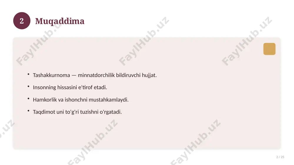 ekshiring. tantanali topshiring. 14 15 qisqacha takrorlash 15 / 25 asosiy fikrlar. muhim tushunchalar. amaliy jihatlar. yakuniy xulosalar. 15 16 qo'shimcha resurslar 16 / 25 darslik va qo'llanmalar. onlayn manbalar. video darslar. amaliy mashqlar to'plami. 16 17 xatolardan saqlanish 17 / 25 keng tarqalgan xatolar. ularning sabablari. oldini olish yo'llari. to'g'ri yondashuv. 17 18 kelajak istiqbollari 18 / 25 rivojlanish yo'nalishlari. yangi imkoniyatlar. innovatsion yechimlar. uzoq muddatli ta'sir. 18 19 amaliy tavsiyalar 19 / 25 tizimli yondashing. ishonchli manbalardan foydalaning. bilimni amaliyotda qo'llang. natijani muntazam baholang. 19 20 tez-tez so'raladigan savollar 20 / 25 asosiy tushuncha nima? u qanday qo'llaniladi? qanday afzalliklari bor? javoblar qisqa va aniq. 20 21 eng yaxshi amaliyotlar 21 / 25 sinovdan o'tgan usullar. samarali yondashuvlar. tajriba almashish. doimiy takomillashtirish. 21 22 muammolar va yechimlar 22 / 25 mavjud muammolar. ularning sabablari. yechim yo'llari. amaliy tavsiyalar. 22 23 asosiy ko'rsatkichlar 23 / 25 ko'rsatkich holati birinchi …