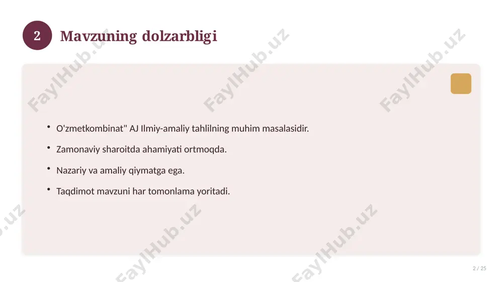 / 25 o'xshash hodisalar bilan solishtirish. umumiy jihatlar aniqlanadi. farqli tomonlar ko'rsatiladi. xulosalar chiqariladi. 17 18 afzallik va kamchiliklar 18 / 25 afzalliklari kamchiliklari samaradorlik murakkablik qulaylik resurs talabi tejamkorlik ayrim cheklovlar 18 19 bosqichma-bosqich yondashuv 19 / 25 1-bosqich: tayyorgarlik. 2-bosqich: amalga oshirish. 3-bosqich: tahlil. 4-bosqich: xulosa. 19 20 amaliy misol 20 / 25 real hayotdan misol keltiriladi. bosqichlar bilan ko'rsatiladi. natija tahlil qilinadi. amaliy xulosa chiqariladi. 20 21 asosiy ko'rsatkichlar 21 / 25 ko'rsatkich holati birinchi mezon yaxshi ikkinchi mezon o'rta uchinchi mezon yuqori 21 22 muammolar va yechimlar 22 / 25 mavjud muammolar. ularning sabablari. yechim yo'llari. amaliy tavsiyalar. 22 23 eng yaxshi amaliyotlar 23 / 25 sinovdan o'tgan usullar. samarali yondashuvlar. tajriba almashish. doimiy takomillashtirish. 23 24 xulosa 24 / 25 o'zmetkombinat" aj bo'yicha asosiy jihatlar yoritildi. mavzu nazariy va amaliy ahamiyatga ega. olingan bilim amaliyotda qo'llaniladi. doimiy o'rganish tavsiya etiladi. 24 25 foydalanilgan adabiyotlar 25 …