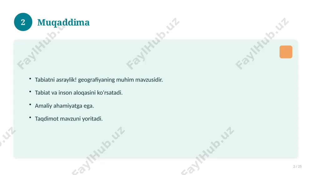 ladi? qanday afzalliklari bor? javoblar qisqa va aniq. 19 20 eng yaxshi amaliyotlar 20 / 25 sinovdan o'tgan usullar. samarali yondashuvlar. tajriba almashish. doimiy takomillashtirish. 20 21 muammolar va yechimlar 21 / 25 mavjud muammolar. ularning sabablari. yechim yo'llari. amaliy tavsiyalar. 21 22 asosiy ko'rsatkichlar 22 / 25 ko'rsatkich holati birinchi mezon yaxshi ikkinchi mezon o'rta uchinchi mezon yuqori 22 23 amaliy misol 23 / 25 real hayotdan misol keltiriladi. bosqichlar bilan ko'rsatiladi. natija tahlil qilinadi. amaliy xulosa chiqariladi. 23 24 xulosa 24 / 25 tabiatni asraylik! bo'yicha asosiy jihatlar yoritildi. mavzu nazariy va amaliy ahamiyatga ega. olingan bilim amaliyotda qo'llaniladi. doimiy o'rganish tavsiya etiladi. 24 25 foydalanilgan adabiyotlar 25 / 25 tegishli darslik va o'quv qo'llanmalari. ilmiy maqola va manbalar. internet va elektron resurslar. manba: soff.uz · 2026. 25