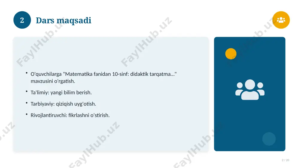 xiy rivoji 16 / 20 mavzu vaqt o'tishi bilan rivojlangan. asosiy bosqichlar kuzatiladi. muhim o'zgarishlar yuz bergan. hozirgi holatga ta'sir ko'rsatgan. 16 17 zamonaviy holati 17 / 20 bugungi kundagi ahvol. yangi yondashuvlar paydo bo'lmoqda. dolzarb tendensiyalar. amaliy qo'llanilishi kengaymoqda. 17 18 qiyosiy tahlil 18 / 20 o'xshash hodisalar bilan solishtirish. umumiy jihatlar aniqlanadi. farqli tomonlar ko'rsatiladi. xulosalar chiqariladi. 18 19 xulosa 19 / 20 matematika fanidan 10-sinf: didaktik tarqatma… bo'yicha asosiy jihatlar yoritildi. mavzu nazariy va amaliy ahamiyatga ega. olingan bilim amaliyotda qo'llaniladi. doimiy o'rganish tavsiya etiladi. 19 20 foydalanilgan adabiyotlar 20 / 20 tegishli darslik va o'quv qo'llanmalari. ilmiy maqola va manbalar. internet va elektron resurslar. manba: soff.uz · 2026. 20 image-1-1.png image-1-2.png image-1-3.png image-1-4.png image-2-1.png image-2-2.png image-3-1.png image-3-2.png image-4-1.png image-4-2.png image-5-1.png image-5-2.png image-6-1.png image-7-1.png image-7-2.png image-8-1.png image-8-2.png image-9-1.png image-9-2.png image-10-1.png image-10-2.png image-11-1.png image-11-2.png image-12-1.png image-12-2.png image-13-1.png image-13-2.png image-14-1.png image-14-2.png image-15-1.png image-15-2.png image-16-1.png image-16-2.png image-17-1.png image-17-2.png image-18-1.png image-18-2.png …
