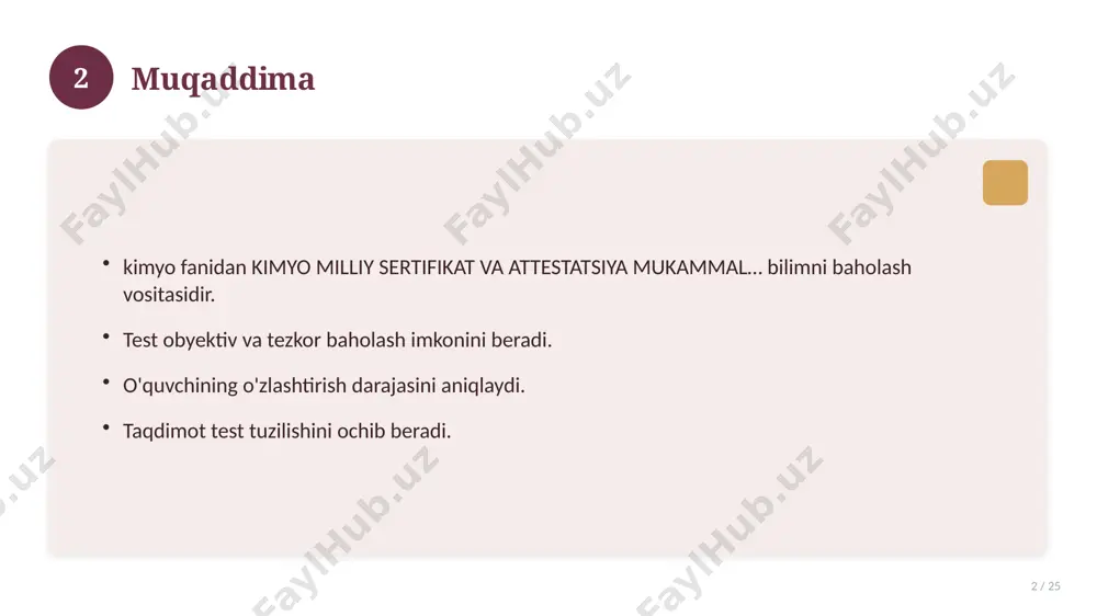 ifikat va attestatsiya mukammal… bilan bog'liq kalit tushunchalar. atamalarning aniq ta'rifi beriladi. to'g'ri qo'llash muhim. tushunchalar o'zaro bog'liq. 14 15 tarixiy rivoji 15 / 25 mavzu vaqt o'tishi bilan rivojlangan. asosiy bosqichlar kuzatiladi. muhim o'zgarishlar yuz bergan. hozirgi holatga ta'sir ko'rsatgan. 15 16 zamonaviy holati 16 / 25 bugungi kundagi ahvol. yangi yondashuvlar paydo bo'lmoqda. dolzarb tendensiyalar. amaliy qo'llanilishi kengaymoqda. 16 17 qiyosiy tahlil 17 / 25 o'xshash hodisalar bilan solishtirish. umumiy jihatlar aniqlanadi. farqli tomonlar ko'rsatiladi. xulosalar chiqariladi. 17 18 afzallik va kamchiliklar 18 / 25 afzalliklari kamchiliklari samaradorlik murakkablik qulaylik resurs talabi tejamkorlik ayrim cheklovlar 18 19 bosqichma-bosqich yondashuv 19 / 25 1-bosqich: tayyorgarlik. 2-bosqich: amalga oshirish. 3-bosqich: tahlil. 4-bosqich: xulosa. 19 20 amaliy misol 20 / 25 real hayotdan misol keltiriladi. bosqichlar bilan ko'rsatiladi. natija tahlil qilinadi. amaliy xulosa chiqariladi. 20 21 asosiy ko'rsatkichlar 21 / 25 ko'rsatkich holati birinchi mezon yaxshi ikkinchi mezon o'rta uchinchi mezon …