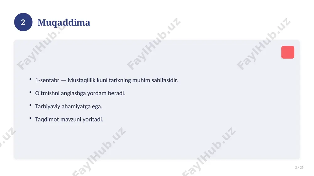tazam baholang. 18 19 tez-tez so'raladigan savollar 19 / 25 asosiy tushuncha nima? u qanday qo'llaniladi? qanday afzalliklari bor? javoblar qisqa va aniq. 19 20 eng yaxshi amaliyotlar 20 / 25 sinovdan o'tgan usullar. samarali yondashuvlar. tajriba almashish. doimiy takomillashtirish. 20 21 muammolar va yechimlar 21 / 25 mavjud muammolar. ularning sabablari. yechim yo'llari. amaliy tavsiyalar. 21 22 asosiy ko'rsatkichlar 22 / 25 ko'rsatkich holati birinchi mezon yaxshi ikkinchi mezon o'rta uchinchi mezon yuqori 22 23 amaliy misol 23 / 25 real hayotdan misol keltiriladi. bosqichlar bilan ko'rsatiladi. natija tahlil qilinadi. amaliy xulosa chiqariladi. 23 24 xulosa 24 / 25 1-sentabr — mustaqillik kuni bo'yicha asosiy jihatlar yoritildi. mavzu nazariy va amaliy ahamiyatga ega. olingan bilim amaliyotda qo'llaniladi. doimiy o'rganish tavsiya etiladi. 24 25 foydalanilgan adabiyotlar 25 / 25 tegishli darslik va o'quv qo'llanmalari. ilmiy maqola va manbalar. internet va elektron resurslar. manba: soff.uz · 2026. 25