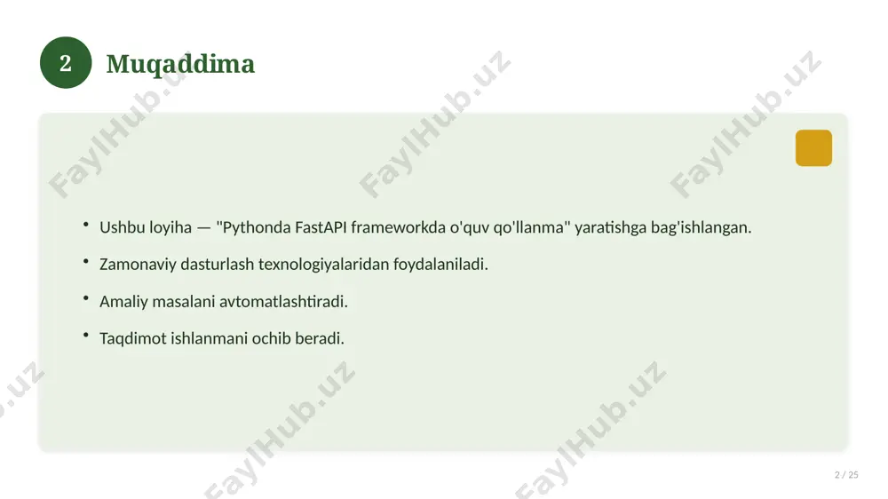 him tushunchalar. amaliy jihatlar. yakuniy xulosalar. 15 16 qo'shimcha resurslar 16 / 25 darslik va qo'llanmalar. onlayn manbalar. video darslar. amaliy mashqlar to'plami. 16 17 xatolardan saqlanish 17 / 25 keng tarqalgan xatolar. ularning sabablari. oldini olish yo'llari. to'g'ri yondashuv. 17 18 kelajak istiqbollari 18 / 25 rivojlanish yo'nalishlari. yangi imkoniyatlar. innovatsion yechimlar. uzoq muddatli ta'sir. 18 19 amaliy tavsiyalar 19 / 25 tizimli yondashing. ishonchli manbalardan foydalaning. bilimni amaliyotda qo'llang. natijani muntazam baholang. 19 20 tez-tez so'raladigan savollar 20 / 25 asosiy tushuncha nima? u qanday qo'llaniladi? qanday afzalliklari bor? javoblar qisqa va aniq. 20 21 eng yaxshi amaliyotlar 21 / 25 sinovdan o'tgan usullar. samarali yondashuvlar. tajriba almashish. doimiy takomillashtirish. 21 22 muammolar va yechimlar 22 / 25 mavjud muammolar. ularning sabablari. yechim yo'llari. amaliy tavsiyalar. 22 23 asosiy ko'rsatkichlar 23 / 25 ko'rsatkich holati birinchi mezon yaxshi ikkinchi mezon o'rta uchinchi mezon yuqori 23 24 xulosa 24 …