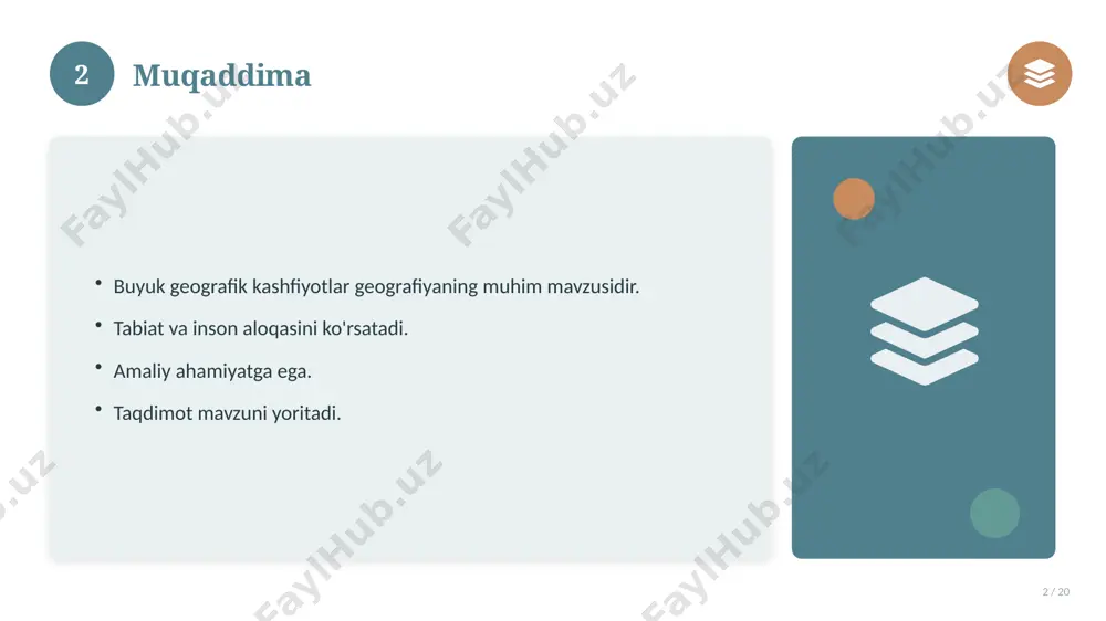 / 20 afzalliklari kamchiliklari samaradorlik murakkablik qulaylik resurs talabi tejamkorlik ayrim cheklovlar 18 19 xulosa 19 / 20 buyuk geografik kashfiyotlar bo'yicha asosiy jihatlar yoritildi. mavzu nazariy va amaliy ahamiyatga ega. olingan bilim amaliyotda qo'llaniladi. doimiy o'rganish tavsiya etiladi. 19 20 foydalanilgan adabiyotlar 20 / 20 tegishli darslik va o'quv qo'llanmalari. ilmiy maqola va manbalar. internet va elektron resurslar. manba: soff.uz · 2026. 20 image-1-1.png image-1-2.png image-1-3.png image-1-4.png image-2-1.png image-2-2.png image-3-1.png image-3-2.png image-4-1.png image-4-2.png image-5-1.png image-5-2.png image-6-1.png image-6-2.png image-7-1.png image-7-2.png image-8-1.png image-9-1.png image-9-2.png image-10-1.png image-10-2.png image-11-1.png image-11-2.png image-12-1.png image-12-2.png image-13-1.png image-13-2.png image-14-1.png image-14-2.png image-15-1.png image-15-2.png image-16-1.png image-16-2.png image-17-1.png image-17-2.png image-18-1.png image-19-1.png image-19-2.png image-20-1.png image-20-2.png