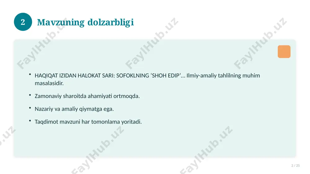 ti 16 / 25 bugungi kundagi ahvol. yangi yondashuvlar paydo bo'lmoqda. dolzarb tendensiyalar. amaliy qo'llanilishi kengaymoqda. 16 17 qiyosiy tahlil 17 / 25 o'xshash hodisalar bilan solishtirish. umumiy jihatlar aniqlanadi. farqli tomonlar ko'rsatiladi. xulosalar chiqariladi. 17 18 afzallik va kamchiliklar 18 / 25 afzalliklari kamchiliklari samaradorlik murakkablik qulaylik resurs talabi tejamkorlik ayrim cheklovlar 18 19 bosqichma-bosqich yondashuv 19 / 25 1-bosqich: tayyorgarlik. 2-bosqich: amalga oshirish. 3-bosqich: tahlil. 4-bosqich: xulosa. 19 20 amaliy misol 20 / 25 real hayotdan misol keltiriladi. bosqichlar bilan ko'rsatiladi. natija tahlil qilinadi. amaliy xulosa chiqariladi. 20 21 asosiy ko'rsatkichlar 21 / 25 ko'rsatkich holati birinchi mezon yaxshi ikkinchi mezon o'rta uchinchi mezon yuqori 21 22 muammolar va yechimlar 22 / 25 mavjud muammolar. ularning sabablari. yechim yo'llari. amaliy tavsiyalar. 22 23 eng yaxshi amaliyotlar 23 / 25 sinovdan o'tgan usullar. samarali yondashuvlar. tajriba almashish. doimiy takomillashtirish. 23 24 xulosa 24 / 25 haqiqat izidan halokat sari: …