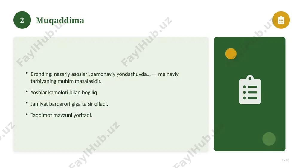 16 zamonaviy holati 16 / 20 bugungi kundagi ahvol. yangi yondashuvlar paydo bo'lmoqda. dolzarb tendensiyalar. amaliy qo'llanilishi kengaymoqda. 16 17 qiyosiy tahlil 17 / 20 o'xshash hodisalar bilan solishtirish. umumiy jihatlar aniqlanadi. farqli tomonlar ko'rsatiladi. xulosalar chiqariladi. 17 18 afzallik va kamchiliklar 18 / 20 afzalliklari kamchiliklari samaradorlik murakkablik qulaylik resurs talabi tejamkorlik ayrim cheklovlar 18 19 xulosa 19 / 20 brending: nazariy asoslari, zamonaviy yondashuvda… bo'yicha asosiy jihatlar yoritildi. mavzu nazariy va amaliy ahamiyatga ega. olingan bilim amaliyotda qo'llaniladi. doimiy o'rganish tavsiya etiladi. 19 20 foydalanilgan adabiyotlar 20 / 20 1. [muallif. asar nomi. nashriyot, yil]. 2. [muallif. maqola nomi. jurnal, yil, betlar]. 3. [elektron resurs / sayt manzili]. eslatma: manbalarni o'z ishingizga moslab to'ldiring. 20 image-1-1.png image-1-2.png image-1-3.png image-1-4.png image-2-1.png image-2-2.png image-3-1.png image-3-2.png image-4-1.png image-4-2.png image-5-1.png image-5-2.png image-6-1.png image-6-2.png image-7-1.png image-7-2.png image-8-1.png image-9-1.png image-9-2.png image-10-1.png image-10-2.png image-11-1.png image-11-2.png image-12-1.png image-12-2.png image-13-1.png image-13-2.png image-14-1.png image-14-2.png image-15-1.png image-15-2.png image-16-1.png image-16-2.png …