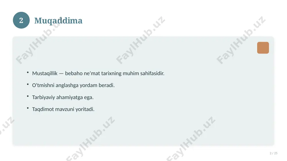 zam baholang. 18 19 tez-tez so'raladigan savollar 19 / 25 asosiy tushuncha nima? u qanday qo'llaniladi? qanday afzalliklari bor? javoblar qisqa va aniq. 19 20 eng yaxshi amaliyotlar 20 / 25 sinovdan o'tgan usullar. samarali yondashuvlar. tajriba almashish. doimiy takomillashtirish. 20 21 muammolar va yechimlar 21 / 25 mavjud muammolar. ularning sabablari. yechim yo'llari. amaliy tavsiyalar. 21 22 asosiy ko'rsatkichlar 22 / 25 ko'rsatkich holati birinchi mezon yaxshi ikkinchi mezon o'rta uchinchi mezon yuqori 22 23 amaliy misol 23 / 25 real hayotdan misol keltiriladi. bosqichlar bilan ko'rsatiladi. natija tahlil qilinadi. amaliy xulosa chiqariladi. 23 24 xulosa 24 / 25 mustaqillik — bebaho ne'mat bo'yicha asosiy jihatlar yoritildi. mavzu nazariy va amaliy ahamiyatga ega. olingan bilim amaliyotda qo'llaniladi. doimiy o'rganish tavsiya etiladi. 24 25 foydalanilgan adabiyotlar 25 / 25 tegishli darslik va o'quv qo'llanmalari. ilmiy maqola va manbalar. internet va elektron resurslar. manba: soff.uz · 2026. 25