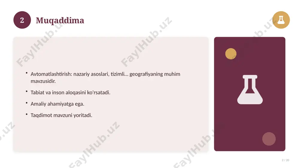 mumiy jihatlar aniqlanadi. farqli tomonlar ko'rsatiladi. xulosalar chiqariladi. 17 18 afzallik va kamchiliklar 18 / 20 afzalliklari kamchiliklari samaradorlik murakkablik qulaylik resurs talabi tejamkorlik ayrim cheklovlar 18 19 xulosa 19 / 20 avtomatlashtirish: nazariy asoslari, tizimli… bo'yicha asosiy jihatlar yoritildi. mavzu nazariy va amaliy ahamiyatga ega. olingan bilim amaliyotda qo'llaniladi. doimiy o'rganish tavsiya etiladi. 19 20 foydalanilgan adabiyotlar 20 / 20 1. [muallif. asar nomi. nashriyot, yil]. 2. [muallif. maqola nomi. jurnal, yil, betlar]. 3. [elektron resurs / sayt manzili]. eslatma: manbalarni o'z ishingizga moslab to'ldiring. 20 image-1-1.png image-1-2.png image-1-3.png image-1-4.png image-2-1.png image-2-2.png image-3-1.png image-3-2.png image-4-1.png image-4-2.png image-5-1.png image-5-2.png image-6-1.png image-6-2.png image-7-1.png image-7-2.png image-8-1.png image-9-1.png image-9-2.png image-10-1.png image-10-2.png image-11-1.png image-11-2.png image-12-1.png image-12-2.png image-13-1.png image-13-2.png image-14-1.png image-14-2.png image-15-1.png image-15-2.png image-16-1.png image-16-2.png image-17-1.png image-17-2.png image-18-1.png image-19-1.png image-19-2.png image-20-1.png image-20-2.png