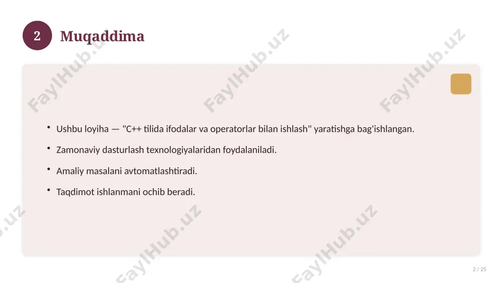 fodalar va operatorlar bilan ishlash bilan bog'liq kalit tushunchalar. atamalarning aniq ta'rifi beriladi. to'g'ri qo'llash muhim. tushunchalar o'zaro bog'liq. 15 16 tarixiy rivoji 16 / 25 mavzu vaqt o'tishi bilan rivojlangan. asosiy bosqichlar kuzatiladi. muhim o'zgarishlar yuz bergan. hozirgi holatga ta'sir ko'rsatgan. 16 17 zamonaviy holati 17 / 25 bugungi kundagi ahvol. yangi yondashuvlar paydo bo'lmoqda. dolzarb tendensiyalar. amaliy qo'llanilishi kengaymoqda. 17 18 qiyosiy tahlil 18 / 25 o'xshash hodisalar bilan solishtirish. umumiy jihatlar aniqlanadi. farqli tomonlar ko'rsatiladi. xulosalar chiqariladi. 18 19 afzallik va kamchiliklar 19 / 25 afzalliklari kamchiliklari samaradorlik murakkablik qulaylik resurs talabi tejamkorlik ayrim cheklovlar 19 20 bosqichma-bosqich yondashuv 20 / 25 1-bosqich: tayyorgarlik. 2-bosqich: amalga oshirish. 3-bosqich: tahlil. 4-bosqich: xulosa. 20 21 amaliy misol 21 / 25 real hayotdan misol keltiriladi. bosqichlar bilan ko'rsatiladi. natija tahlil qilinadi. amaliy xulosa chiqariladi. 21 22 asosiy ko'rsatkichlar 22 / 25 ko'rsatkich holati birinchi mezon yaxshi ikkinchi mezon o'rta uchinchi …