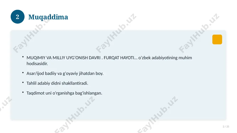 dashuv. 16 17 kelajak istiqbollari 17 / 25 rivojlanish yo'nalishlari. yangi imkoniyatlar. innovatsion yechimlar. uzoq muddatli ta'sir. 17 18 amaliy tavsiyalar 18 / 25 tizimli yondashing. ishonchli manbalardan foydalaning. bilimni amaliyotda qo'llang. natijani muntazam baholang. 18 19 tez-tez so'raladigan savollar 19 / 25 asosiy tushuncha nima? u qanday qo'llaniladi? qanday afzalliklari bor? javoblar qisqa va aniq. 19 20 eng yaxshi amaliyotlar 20 / 25 sinovdan o'tgan usullar. samarali yondashuvlar. tajriba almashish. doimiy takomillashtirish. 20 21 muammolar va yechimlar 21 / 25 mavjud muammolar. ularning sabablari. yechim yo'llari. amaliy tavsiyalar. 21 22 asosiy ko'rsatkichlar 22 / 25 ko'rsatkich holati birinchi mezon yaxshi ikkinchi mezon o'rta uchinchi mezon yuqori 22 23 amaliy misol 23 / 25 real hayotdan misol keltiriladi. bosqichlar bilan ko'rsatiladi. natija tahlil qilinadi. amaliy xulosa chiqariladi. 23 24 xulosa 24 / 25 muqimiy va milliy uyg‘onish davri . furqat hayoti… bo'yicha asosiy jihatlar yoritildi. mavzu nazariy va amaliy ahamiyatga …