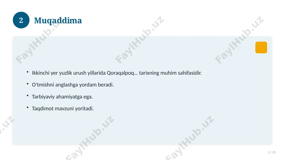 ymoqda. 16 17 qiyosiy tahlil 17 / 25 o'xshash hodisalar bilan solishtirish. umumiy jihatlar aniqlanadi. farqli tomonlar ko'rsatiladi. xulosalar chiqariladi. 17 18 afzallik va kamchiliklar 18 / 25 afzalliklari kamchiliklari samaradorlik murakkablik qulaylik resurs talabi tejamkorlik ayrim cheklovlar 18 19 bosqichma-bosqich yondashuv 19 / 25 1-bosqich: tayyorgarlik. 2-bosqich: amalga oshirish. 3-bosqich: tahlil. 4-bosqich: xulosa. 19 20 amaliy misol 20 / 25 real hayotdan misol keltiriladi. bosqichlar bilan ko'rsatiladi. natija tahlil qilinadi. amaliy xulosa chiqariladi. 20 21 asosiy ko'rsatkichlar 21 / 25 ko'rsatkich holati birinchi mezon yaxshi ikkinchi mezon o'rta uchinchi mezon yuqori 21 22 muammolar va yechimlar 22 / 25 mavjud muammolar. ularning sabablari. yechim yo'llari. amaliy tavsiyalar. 22 23 eng yaxshi amaliyotlar 23 / 25 sinovdan o'tgan usullar. samarali yondashuvlar. tajriba almashish. doimiy takomillashtirish. 23 24 xulosa 24 / 25 ikkinchi yer yuzlik urush yillarida qoraqalpoq… bo'yicha asosiy jihatlar yoritildi. mavzu nazariy va amaliy ahamiyatga ega. olingan bilim amaliyotda …