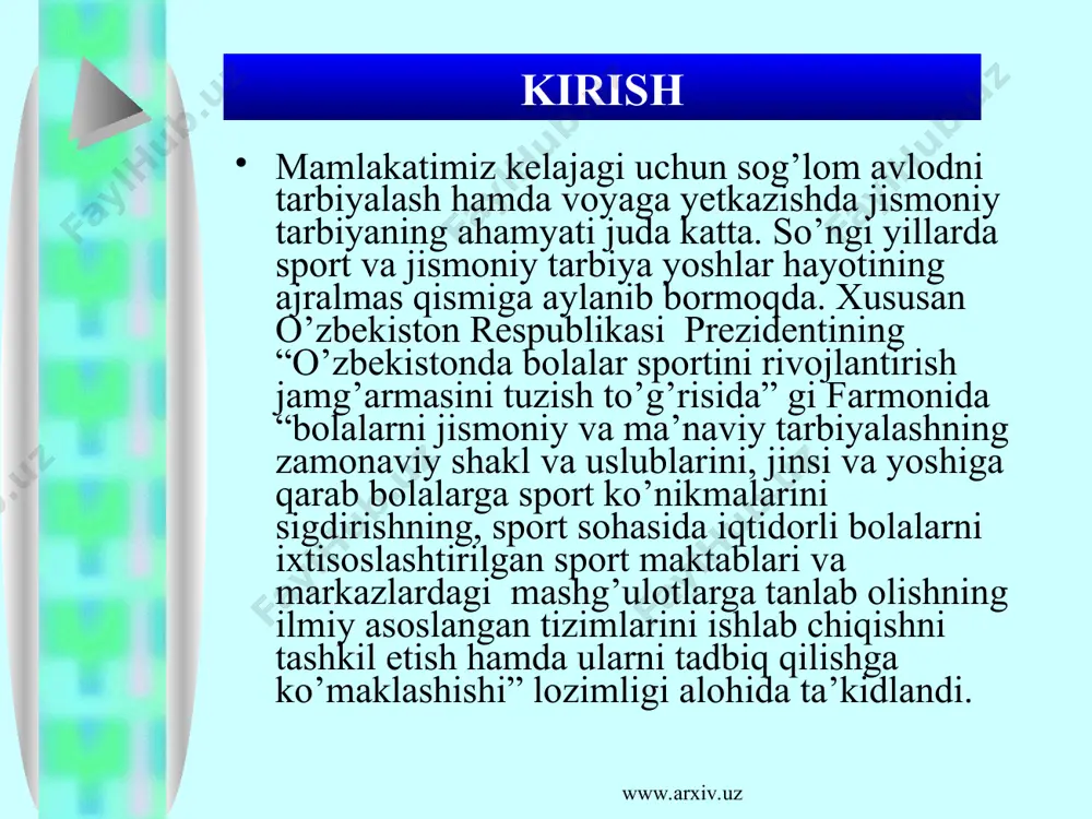 borishda, ayniqsa, kichik va o'rta yoshdagi maktab o'quvchilari orasida katta o'rin egallaydi. ular tanaffuslarda maktab jismoniy tarbiya jamoasida, maktab bayramlarida, «salomatlik kunlarida», yig'ilishlarida, ekskursiyaga, sayrga chiqqanda o'tkaziladi. bundan tashqari, sinflar va maktablar o'rtasida o'yin bo'yicha maxsus musobaqalar tashkil etiladi va o'tkaziladi. www.arxiv.uz www.arxiv.uz darsdan tashqari vaqtda o'quvchilar bilan o'tkaziladigan harakatli o'yinlar sog'lomlashtirish vazifasini yechishga yordam berishi kerak. salomatlik holati bo'yicha 1 va 2 tibbiy guruhlarga kiritilgan, o'quv­chilar o'yinni barcha turlari bilan shug'ullanishga qo'yiladi. yurak bilan kasallangan asab sistemasi buzilgan o'quvchilar uzoq davom etadigan uzluksiz yugurish, kuchli taranglashish, uzluksiz sakrashlar va boshqa tez harakatlanishlarga chegara qo'yish bilan qatnashishlari mumkin. darsdan tashqari vaqtda o'tkaziladigan o'yinlarga o'quv­chilar ixtiyoriy ravishda jalb qilinadi. o'qituvchilar, tarbiyachilar, yetakchilar va katta sinf o'quvchilari o'yinni tayyorlashga va o'tkazishga rahbarlik qiladilar. www.arxiv.uz www.arxiv.uz harakatli o'yinlarni sinfdan tashqari mashg'ulotlarda o'quvchi­larni umumjismoniy rivojlanish, jismoniy tarbiya darslarida materiallarini mustahkamlash va takomilashtirishda, shuningdek, «alpomish» va «barchinoy» test me'yori normativlarini to’shirishga tayyorlash va egallash uchun …