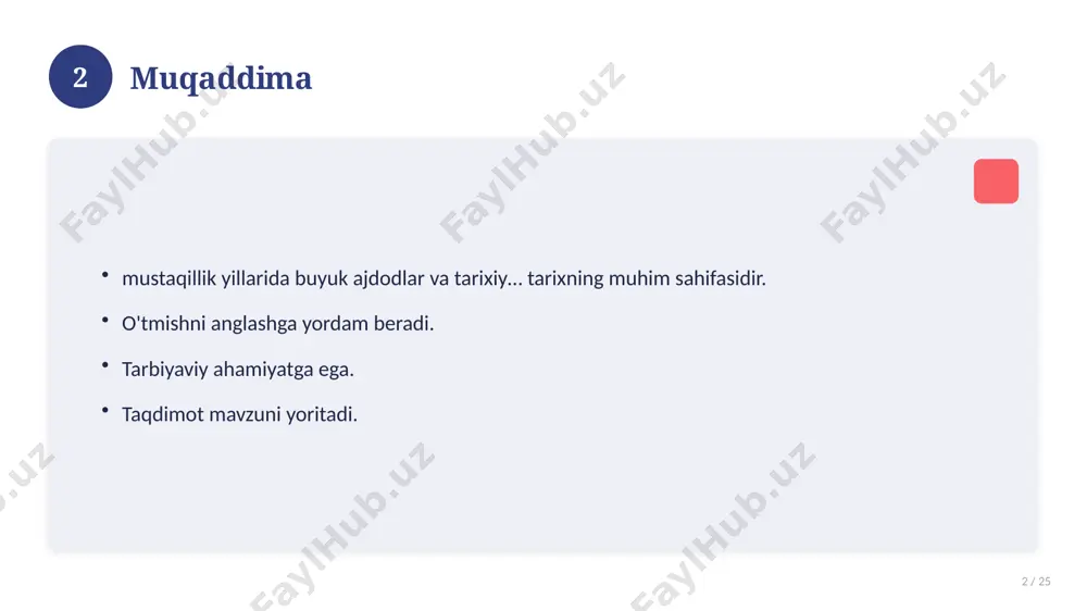 lardan foydalaning. bilimni amaliyotda qo'llang. natijani muntazam baholang. 18 19 tez-tez so'raladigan savollar 19 / 25 asosiy tushuncha nima? u qanday qo'llaniladi? qanday afzalliklari bor? javoblar qisqa va aniq. 19 20 eng yaxshi amaliyotlar 20 / 25 sinovdan o'tgan usullar. samarali yondashuvlar. tajriba almashish. doimiy takomillashtirish. 20 21 muammolar va yechimlar 21 / 25 mavjud muammolar. ularning sabablari. yechim yo'llari. amaliy tavsiyalar. 21 22 asosiy ko'rsatkichlar 22 / 25 ko'rsatkich holati birinchi mezon yaxshi ikkinchi mezon o'rta uchinchi mezon yuqori 22 23 amaliy misol 23 / 25 real hayotdan misol keltiriladi. bosqichlar bilan ko'rsatiladi. natija tahlil qilinadi. amaliy xulosa chiqariladi. 23 24 xulosa 24 / 25 mustaqillik yillarida buyuk ajdodlar va tarixiy… bo'yicha asosiy jihatlar yoritildi. mavzu nazariy va amaliy ahamiyatga ega. olingan bilim amaliyotda qo'llaniladi. doimiy o'rganish tavsiya etiladi. 24 25 foydalanilgan adabiyotlar 25 / 25 tegishli darslik va o'quv qo'llanmalari. ilmiy maqola va manbalar. internet va elektron resurslar. …