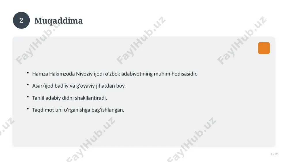 yechimlar. uzoq muddatli ta'sir. 17 18 amaliy tavsiyalar 18 / 25 tizimli yondashing. ishonchli manbalardan foydalaning. bilimni amaliyotda qo'llang. natijani muntazam baholang. 18 19 tez-tez so'raladigan savollar 19 / 25 asosiy tushuncha nima? u qanday qo'llaniladi? qanday afzalliklari bor? javoblar qisqa va aniq. 19 20 eng yaxshi amaliyotlar 20 / 25 sinovdan o'tgan usullar. samarali yondashuvlar. tajriba almashish. doimiy takomillashtirish. 20 21 muammolar va yechimlar 21 / 25 mavjud muammolar. ularning sabablari. yechim yo'llari. amaliy tavsiyalar. 21 22 asosiy ko'rsatkichlar 22 / 25 ko'rsatkich holati birinchi mezon yaxshi ikkinchi mezon o'rta uchinchi mezon yuqori 22 23 amaliy misol 23 / 25 real hayotdan misol keltiriladi. bosqichlar bilan ko'rsatiladi. natija tahlil qilinadi. amaliy xulosa chiqariladi. 23 24 xulosa 24 / 25 hamza hakimzoda niyoziy ijodi bo'yicha asosiy jihatlar yoritildi. mavzu nazariy va amaliy ahamiyatga ega. olingan bilim amaliyotda qo'llaniladi. doimiy o'rganish tavsiya etiladi. 24 25 foydalanilgan adabiyotlar 25 / 25 tegishli …