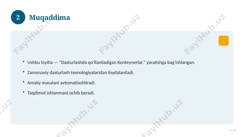 tushunchalar. amaliy jihatlar. yakuniy xulosalar. 15 16 qo'shimcha resurslar 16 / 25 darslik va qo'llanmalar. onlayn manbalar. video darslar. amaliy mashqlar to'plami. 16 17 xatolardan saqlanish 17 / 25 keng tarqalgan xatolar. ularning sabablari. oldini olish yo'llari. to'g'ri yondashuv. 17 18 kelajak istiqbollari 18 / 25 rivojlanish yo'nalishlari. yangi imkoniyatlar. innovatsion yechimlar. uzoq muddatli ta'sir. 18 19 amaliy tavsiyalar 19 / 25 tizimli yondashing. ishonchli manbalardan foydalaning. bilimni amaliyotda qo'llang. natijani muntazam baholang. 19 20 tez-tez so'raladigan savollar 20 / 25 asosiy tushuncha nima? u qanday qo'llaniladi? qanday afzalliklari bor? javoblar qisqa va aniq. 20 21 eng yaxshi amaliyotlar 21 / 25 sinovdan o'tgan usullar. samarali yondashuvlar. tajriba almashish. doimiy takomillashtirish. 21 22 muammolar va yechimlar 22 / 25 mavjud muammolar. ularning sabablari. yechim yo'llari. amaliy tavsiyalar. 22 23 asosiy ko'rsatkichlar 23 / 25 ko'rsatkich holati birinchi mezon yaxshi ikkinchi mezon o'rta uchinchi mezon yuqori 23 24 xulosa 24 / …