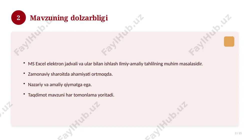 zoq muddatli ta'sir. 17 18 amaliy tavsiyalar 18 / 25 tizimli yondashing. ishonchli manbalardan foydalaning. bilimni amaliyotda qo'llang. natijani muntazam baholang. 18 19 tez-tez so'raladigan savollar 19 / 25 asosiy tushuncha nima? u qanday qo'llaniladi? qanday afzalliklari bor? javoblar qisqa va aniq. 19 20 eng yaxshi amaliyotlar 20 / 25 sinovdan o'tgan usullar. samarali yondashuvlar. tajriba almashish. doimiy takomillashtirish. 20 21 muammolar va yechimlar 21 / 25 mavjud muammolar. ularning sabablari. yechim yo'llari. amaliy tavsiyalar. 21 22 asosiy ko'rsatkichlar 22 / 25 ko'rsatkich holati birinchi mezon yaxshi ikkinchi mezon o'rta uchinchi mezon yuqori 22 23 amaliy misol 23 / 25 real hayotdan misol keltiriladi. bosqichlar bilan ko'rsatiladi. natija tahlil qilinadi. amaliy xulosa chiqariladi. 23 24 xulosa 24 / 25 ms excel elektron jadvali va ular bilan ishlash bo'yicha asosiy jihatlar yoritildi. mavzu nazariy va amaliy ahamiyatga ega. olingan bilim amaliyotda qo'llaniladi. doimiy o'rganish tavsiya etiladi. 24 25 foydalanilgan adabiyotlar 25 …