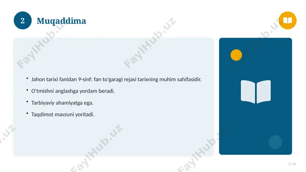 ar bilan solishtirish. umumiy jihatlar aniqlanadi. farqli tomonlar ko'rsatiladi. xulosalar chiqariladi. 17 18 afzallik va kamchiliklar 18 / 20 afzalliklari kamchiliklari samaradorlik murakkablik qulaylik resurs talabi tejamkorlik ayrim cheklovlar 18 19 xulosa 19 / 20 jahon tarixi fanidan 9-sinf: fan to'garagi rejasi bo'yicha asosiy jihatlar yoritildi. mavzu nazariy va amaliy ahamiyatga ega. olingan bilim amaliyotda qo'llaniladi. doimiy o'rganish tavsiya etiladi. 19 20 foydalanilgan adabiyotlar 20 / 20 tegishli darslik va o'quv qo'llanmalari. ilmiy maqola va manbalar. internet va elektron resurslar. manba: soff.uz · 2026. 20 image-1-1.png image-1-2.png image-1-3.png image-1-4.png image-2-1.png image-2-2.png image-3-1.png image-3-2.png image-4-1.png image-4-2.png image-5-1.png image-5-2.png image-6-1.png image-6-2.png image-7-1.png image-7-2.png image-8-1.png image-9-1.png image-9-2.png image-10-1.png image-10-2.png image-11-1.png image-11-2.png image-12-1.png image-12-2.png image-13-1.png image-13-2.png image-14-1.png image-14-2.png image-15-1.png image-15-2.png image-16-1.png image-16-2.png image-17-1.png image-17-2.png image-18-1.png image-19-1.png image-19-2.png image-20-1.png image-20-2.png