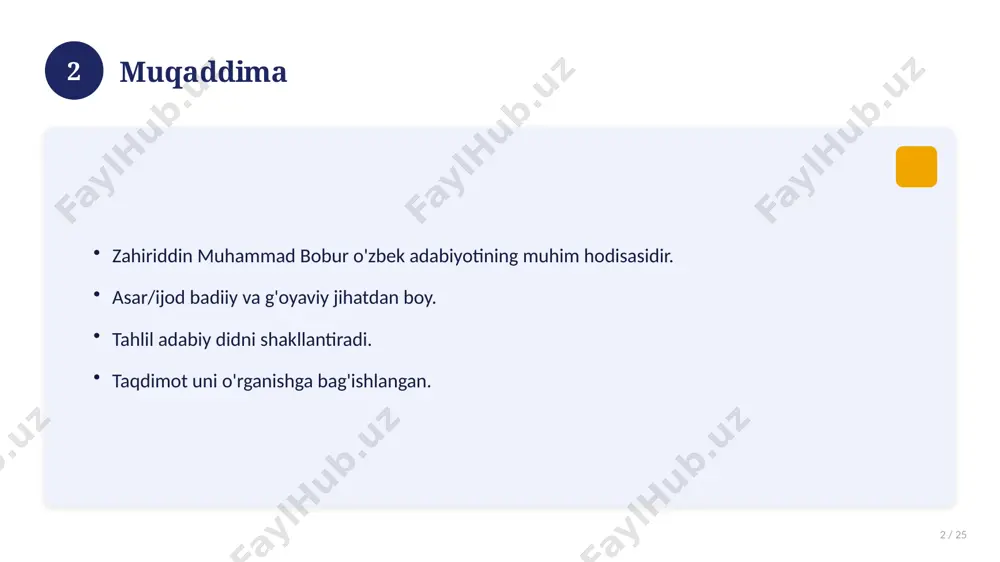 lar. amaliy qo'llanilishi kengaymoqda. 16 17 qiyosiy tahlil 17 / 25 o'xshash hodisalar bilan solishtirish. umumiy jihatlar aniqlanadi. farqli tomonlar ko'rsatiladi. xulosalar chiqariladi. 17 18 afzallik va kamchiliklar 18 / 25 afzalliklari kamchiliklari samaradorlik murakkablik qulaylik resurs talabi tejamkorlik ayrim cheklovlar 18 19 bosqichma-bosqich yondashuv 19 / 25 1-bosqich: tayyorgarlik. 2-bosqich: amalga oshirish. 3-bosqich: tahlil. 4-bosqich: xulosa. 19 20 amaliy misol 20 / 25 real hayotdan misol keltiriladi. bosqichlar bilan ko'rsatiladi. natija tahlil qilinadi. amaliy xulosa chiqariladi. 20 21 asosiy ko'rsatkichlar 21 / 25 ko'rsatkich holati birinchi mezon yaxshi ikkinchi mezon o'rta uchinchi mezon yuqori 21 22 muammolar va yechimlar 22 / 25 mavjud muammolar. ularning sabablari. yechim yo'llari. amaliy tavsiyalar. 22 23 eng yaxshi amaliyotlar 23 / 25 sinovdan o'tgan usullar. samarali yondashuvlar. tajriba almashish. doimiy takomillashtirish. 23 24 xulosa 24 / 25 zahiriddin muhammad bobur bo'yicha asosiy jihatlar yoritildi. mavzu nazariy va amaliy ahamiyatga ega. olingan bilim amaliyotda …