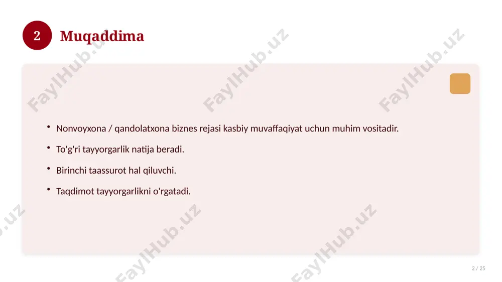 / 25 rivojlanish yo'nalishlari. yangi imkoniyatlar. innovatsion yechimlar. uzoq muddatli ta'sir. 17 18 amaliy tavsiyalar 18 / 25 tizimli yondashing. ishonchli manbalardan foydalaning. bilimni amaliyotda qo'llang. natijani muntazam baholang. 18 19 tez-tez so'raladigan savollar 19 / 25 asosiy tushuncha nima? u qanday qo'llaniladi? qanday afzalliklari bor? javoblar qisqa va aniq. 19 20 eng yaxshi amaliyotlar 20 / 25 sinovdan o'tgan usullar. samarali yondashuvlar. tajriba almashish. doimiy takomillashtirish. 20 21 muammolar va yechimlar 21 / 25 mavjud muammolar. ularning sabablari. yechim yo'llari. amaliy tavsiyalar. 21 22 asosiy ko'rsatkichlar 22 / 25 ko'rsatkich holati birinchi mezon yaxshi ikkinchi mezon o'rta uchinchi mezon yuqori 22 23 amaliy misol 23 / 25 real hayotdan misol keltiriladi. bosqichlar bilan ko'rsatiladi. natija tahlil qilinadi. amaliy xulosa chiqariladi. 23 24 xulosa 24 / 25 nonvoyxona / qandolatxona biznes rejasi bo'yicha asosiy jihatlar yoritildi. mavzu nazariy va amaliy ahamiyatga ega. olingan bilim amaliyotda qo'llaniladi. doimiy o'rganish tavsiya etiladi. …