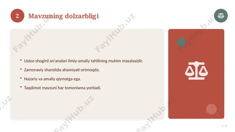 7 qiyosiy tahlil 17 / 20 o'xshash hodisalar bilan solishtirish. umumiy jihatlar aniqlanadi. farqli tomonlar ko'rsatiladi. xulosalar chiqariladi. 17 18 afzallik va kamchiliklar 18 / 20 afzalliklari kamchiliklari samaradorlik murakkablik qulaylik resurs talabi tejamkorlik ayrim cheklovlar 18 19 xulosa 19 / 20 ustoz-shogird an'analari bo'yicha asosiy jihatlar yoritildi. mavzu nazariy va amaliy ahamiyatga ega. olingan bilim amaliyotda qo'llaniladi. doimiy o'rganish tavsiya etiladi. 19 20 foydalanilgan adabiyotlar 20 / 20 tegishli darslik va o'quv qo'llanmalari. ilmiy maqola va manbalar. internet va elektron resurslar. manba: soff.uz · 2026. 20 image-1-1.png image-1-2.png image-1-3.png image-1-4.png image-2-1.png image-2-2.png image-3-1.png image-3-2.png image-4-1.png image-4-2.png image-5-1.png image-5-2.png image-6-1.png image-6-2.png image-7-1.png image-7-2.png image-8-1.png image-9-1.png image-9-2.png image-10-1.png image-10-2.png image-11-1.png image-11-2.png image-12-1.png image-12-2.png image-13-1.png image-13-2.png image-14-1.png image-14-2.png image-15-1.png image-15-2.png image-16-1.png image-16-2.png image-17-1.png image-17-2.png image-18-1.png image-19-1.png image-19-2.png image-20-1.png image-20-2.png