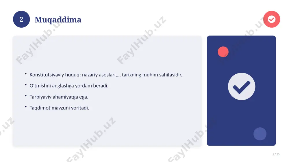17 / 20 o'xshash hodisalar bilan solishtirish. umumiy jihatlar aniqlanadi. farqli tomonlar ko'rsatiladi. xulosalar chiqariladi. 17 18 afzallik va kamchiliklar 18 / 20 afzalliklari kamchiliklari samaradorlik murakkablik qulaylik resurs talabi tejamkorlik ayrim cheklovlar 18 19 xulosa 19 / 20 konstitutsiyaviy huquq: nazariy asoslari,… bo'yicha asosiy jihatlar yoritildi. mavzu nazariy va amaliy ahamiyatga ega. olingan bilim amaliyotda qo'llaniladi. doimiy o'rganish tavsiya etiladi. 19 20 foydalanilgan adabiyotlar 20 / 20 1. [muallif. asar nomi. nashriyot, yil]. 2. [muallif. maqola nomi. jurnal, yil, betlar]. 3. [elektron resurs / sayt manzili]. eslatma: manbalarni o'z ishingizga moslab to'ldiring. 20 image-1-1.png image-1-2.png image-1-3.png image-1-4.png image-2-1.png image-2-2.png image-3-1.png image-3-2.png image-4-1.png image-4-2.png image-5-1.png image-5-2.png image-6-1.png image-6-2.png image-7-1.png image-7-2.png image-8-1.png image-9-1.png image-9-2.png image-10-1.png image-10-2.png image-11-1.png image-11-2.png image-12-1.png image-12-2.png image-13-1.png image-13-2.png image-14-1.png image-14-2.png image-15-1.png image-15-2.png image-16-1.png image-16-2.png image-17-1.png image-17-2.png image-18-1.png image-19-1.png image-19-2.png image-20-1.png image-20-2.png