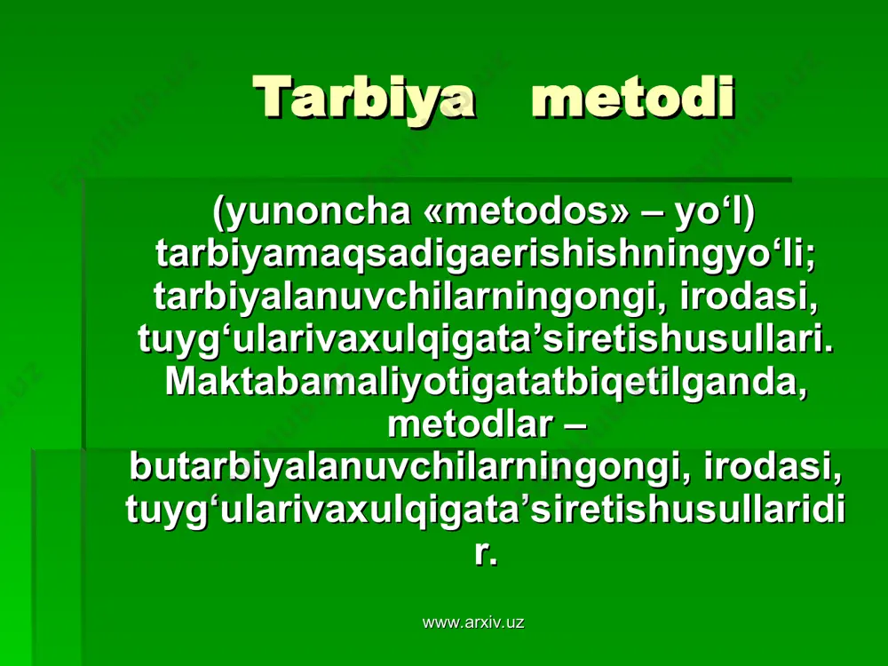 ytaylik, mas’uliyat tuyg‘usini boshlang‘ich ta’lim, o‘rta ta’lim va o‘rta maxsus, kasb-hunar ta’limi muassasalarida ta’lim olayotgan o‘quvchilarda ham shakllantirish mumkin. biroq har bir bosqichda mazkur sifatni shakllantirish borasida turli metodlar qo‘llaniladi. www.arxiv.uz www.arxiv.uz halq pedagogikasida halq pedagogikasida tarbiya metodlari. halq pedagogikasi o‘zbekona axloq, odob va tarbiyaning barcha qirralarini o‘zida mujassamlashtirgan. halq pedagogikasida turlicha tarbiya metodlari hamda vositalaridan foydalaniladi. bu metod va vositalar nihoyatda rang-barang bo‘lib, ko‘p jihatlari bilan ilmiy pedagogikadan ustunlik qiladi. binobarin, ushbu metodlar ilmiy pedagogikaning shakllanishiga ham o‘z ta’sirini o‘tkazgan. halq pedagogikasida qo‘llanilgan hilma-hil tarbiya metodlarini quyidagi tarzda umumlashtirish mumkin. www.arxiv.uz www.arxiv.uz 1. tushuntirish (hikoya qilish, o‘rgatish). 2. mashqlantirish (odatlantirish, mashq qildirish). 3. namuna (maslahat berish, uzr so‘rash, yaxshiliklar haqida so‘rash, o‘rnak bo‘lish). 4. nasihat qilish, o‘git (undash, ko‘ndirish, iltimos qilish, yolvorish, tilak-istak bildirish, ma’qullash, rahmat aytish, duo qilish, oq yo‘l tilash va hokazolar). 5. qoralash va jazo (ta’kidlash, ta’na, gina, tanbeh berish, majbur qilish, koyish, ayblash, uyaltirish, qo‘rqitish, …
