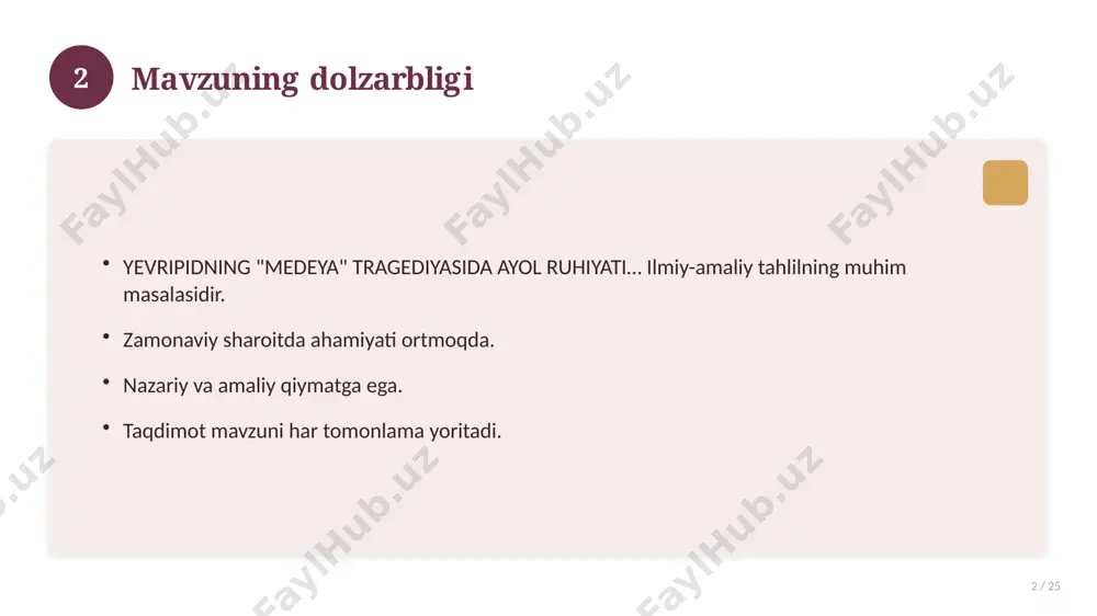 innovatsion yechimlar. uzoq muddatli ta'sir. 17 18 amaliy tavsiyalar 18 / 25 tizimli yondashing. ishonchli manbalardan foydalaning. bilimni amaliyotda qo'llang. natijani muntazam baholang. 18 19 tez-tez so'raladigan savollar 19 / 25 asosiy tushuncha nima? u qanday qo'llaniladi? qanday afzalliklari bor? javoblar qisqa va aniq. 19 20 eng yaxshi amaliyotlar 20 / 25 sinovdan o'tgan usullar. samarali yondashuvlar. tajriba almashish. doimiy takomillashtirish. 20 21 muammolar va yechimlar 21 / 25 mavjud muammolar. ularning sabablari. yechim yo'llari. amaliy tavsiyalar. 21 22 asosiy ko'rsatkichlar 22 / 25 ko'rsatkich holati birinchi mezon yaxshi ikkinchi mezon o'rta uchinchi mezon yuqori 22 23 amaliy misol 23 / 25 real hayotdan misol keltiriladi. bosqichlar bilan ko'rsatiladi. natija tahlil qilinadi. amaliy xulosa chiqariladi. 23 24 xulosa 24 / 25 yevripidning "medeya" tragediyasida ayol ruhiyati… bo'yicha asosiy jihatlar yoritildi. mavzu nazariy va amaliy ahamiyatga ega. olingan bilim amaliyotda qo'llaniladi. doimiy o'rganish tavsiya etiladi. 24 25 foydalanilgan adabiyotlar 25 / …