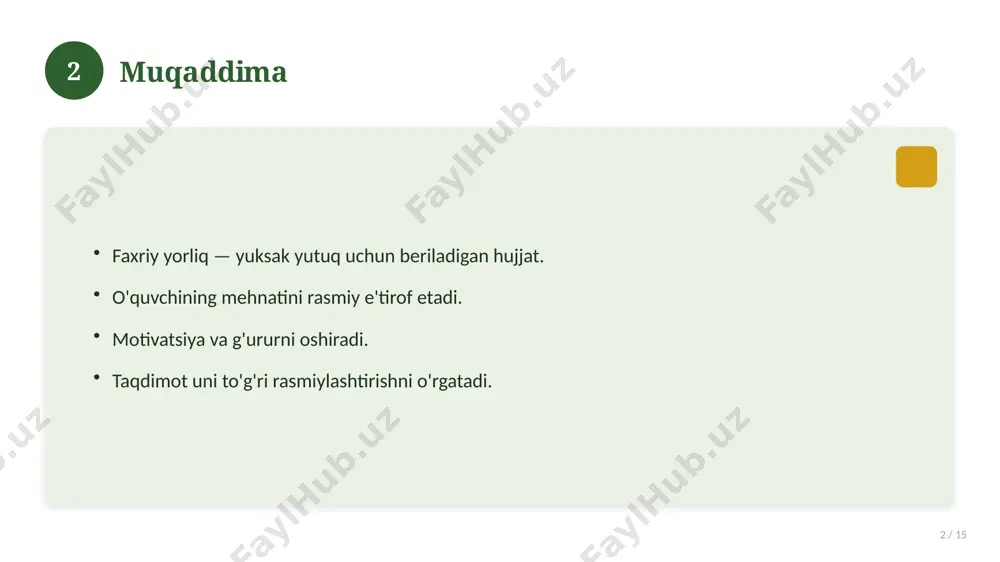 o yozish. imzo va muhrning yo'qligi. sifatsiz chop etish. ortiqcha bezak bilan to'ldirib yuborish. 14 15 xulosa 15 / 15 faxriy yorliq — yutuqning rasmiy e'tirofi. to'g'ri tuzilish va dizayn muhim. tantanali topshirish ta'sirni oshiradi. manba: soff.uz namunalari. 15