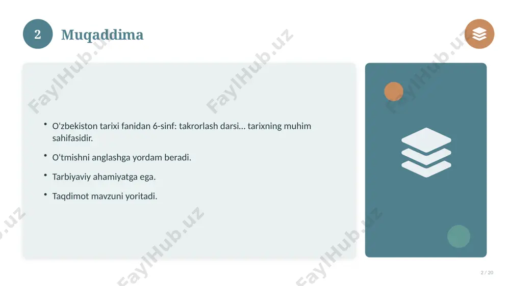 20 o'xshash hodisalar bilan solishtirish. umumiy jihatlar aniqlanadi. farqli tomonlar ko'rsatiladi. xulosalar chiqariladi. 17 18 afzallik va kamchiliklar 18 / 20 afzalliklari kamchiliklari samaradorlik murakkablik qulaylik resurs talabi tejamkorlik ayrim cheklovlar 18 19 xulosa 19 / 20 o'zbekiston tarixi fanidan 6-sinf: takrorlash darsi… bo'yicha asosiy jihatlar yoritildi. mavzu nazariy va amaliy ahamiyatga ega. olingan bilim amaliyotda qo'llaniladi. doimiy o'rganish tavsiya etiladi. 19 20 foydalanilgan adabiyotlar 20 / 20 tegishli darslik va o'quv qo'llanmalari. ilmiy maqola va manbalar. internet va elektron resurslar. manba: soff.uz · 2026. 20 image-1-1.png image-1-2.png image-1-3.png image-1-4.png image-2-1.png image-2-2.png image-3-1.png image-3-2.png image-4-1.png image-4-2.png image-5-1.png image-5-2.png image-6-1.png image-6-2.png image-7-1.png image-7-2.png image-8-1.png image-9-1.png image-9-2.png image-10-1.png image-10-2.png image-11-1.png image-11-2.png image-12-1.png image-12-2.png image-13-1.png image-13-2.png image-14-1.png image-14-2.png image-15-1.png image-15-2.png image-16-1.png image-16-2.png image-17-1.png image-17-2.png image-18-1.png image-19-1.png image-19-2.png image-20-1.png image-20-2.png