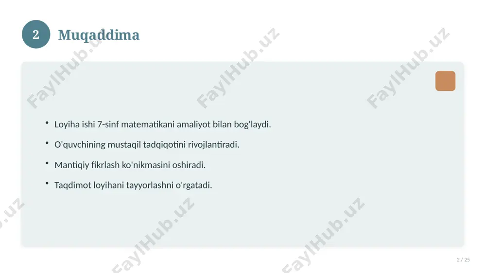 an. asosiy bosqichlar kuzatiladi. muhim o'zgarishlar yuz bergan. hozirgi holatga ta'sir ko'rsatgan. 15 16 zamonaviy holati 16 / 25 bugungi kundagi ahvol. yangi yondashuvlar paydo bo'lmoqda. dolzarb tendensiyalar. amaliy qo'llanilishi kengaymoqda. 16 17 qiyosiy tahlil 17 / 25 o'xshash hodisalar bilan solishtirish. umumiy jihatlar aniqlanadi. farqli tomonlar ko'rsatiladi. xulosalar chiqariladi. 17 18 afzallik va kamchiliklar 18 / 25 afzalliklari kamchiliklari samaradorlik murakkablik qulaylik resurs talabi tejamkorlik ayrim cheklovlar 18 19 bosqichma-bosqich yondashuv 19 / 25 1-bosqich: tayyorgarlik. 2-bosqich: amalga oshirish. 3-bosqich: tahlil. 4-bosqich: xulosa. 19 20 amaliy misol 20 / 25 real hayotdan misol keltiriladi. bosqichlar bilan ko'rsatiladi. natija tahlil qilinadi. amaliy xulosa chiqariladi. 20 21 asosiy ko'rsatkichlar 21 / 25 ko'rsatkich holati birinchi mezon yaxshi ikkinchi mezon o'rta uchinchi mezon yuqori 21 22 muammolar va yechimlar 22 / 25 mavjud muammolar. ularning sabablari. yechim yo'llari. amaliy tavsiyalar. 22 23 eng yaxshi amaliyotlar 23 / 25 sinovdan o'tgan usullar. samarali …