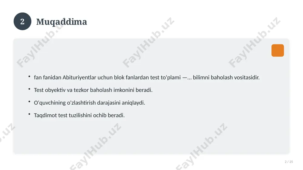 y jihatlar. yakuniy xulosalar. 14 15 qo'shimcha resurslar 15 / 25 darslik va qo'llanmalar. onlayn manbalar. video darslar. amaliy mashqlar to'plami. 15 16 xatolardan saqlanish 16 / 25 keng tarqalgan xatolar. ularning sabablari. oldini olish yo'llari. to'g'ri yondashuv. 16 17 kelajak istiqbollari 17 / 25 rivojlanish yo'nalishlari. yangi imkoniyatlar. innovatsion yechimlar. uzoq muddatli ta'sir. 17 18 amaliy tavsiyalar 18 / 25 tizimli yondashing. ishonchli manbalardan foydalaning. bilimni amaliyotda qo'llang. natijani muntazam baholang. 18 19 tez-tez so'raladigan savollar 19 / 25 asosiy tushuncha nima? u qanday qo'llaniladi? qanday afzalliklari bor? javoblar qisqa va aniq. 19 20 eng yaxshi amaliyotlar 20 / 25 sinovdan o'tgan usullar. samarali yondashuvlar. tajriba almashish. doimiy takomillashtirish. 20 21 muammolar va yechimlar 21 / 25 mavjud muammolar. ularning sabablari. yechim yo'llari. amaliy tavsiyalar. 21 22 asosiy ko'rsatkichlar 22 / 25 ko'rsatkich holati birinchi mezon yaxshi ikkinchi mezon o'rta uchinchi mezon yuqori 22 23 amaliy misol 23 / …